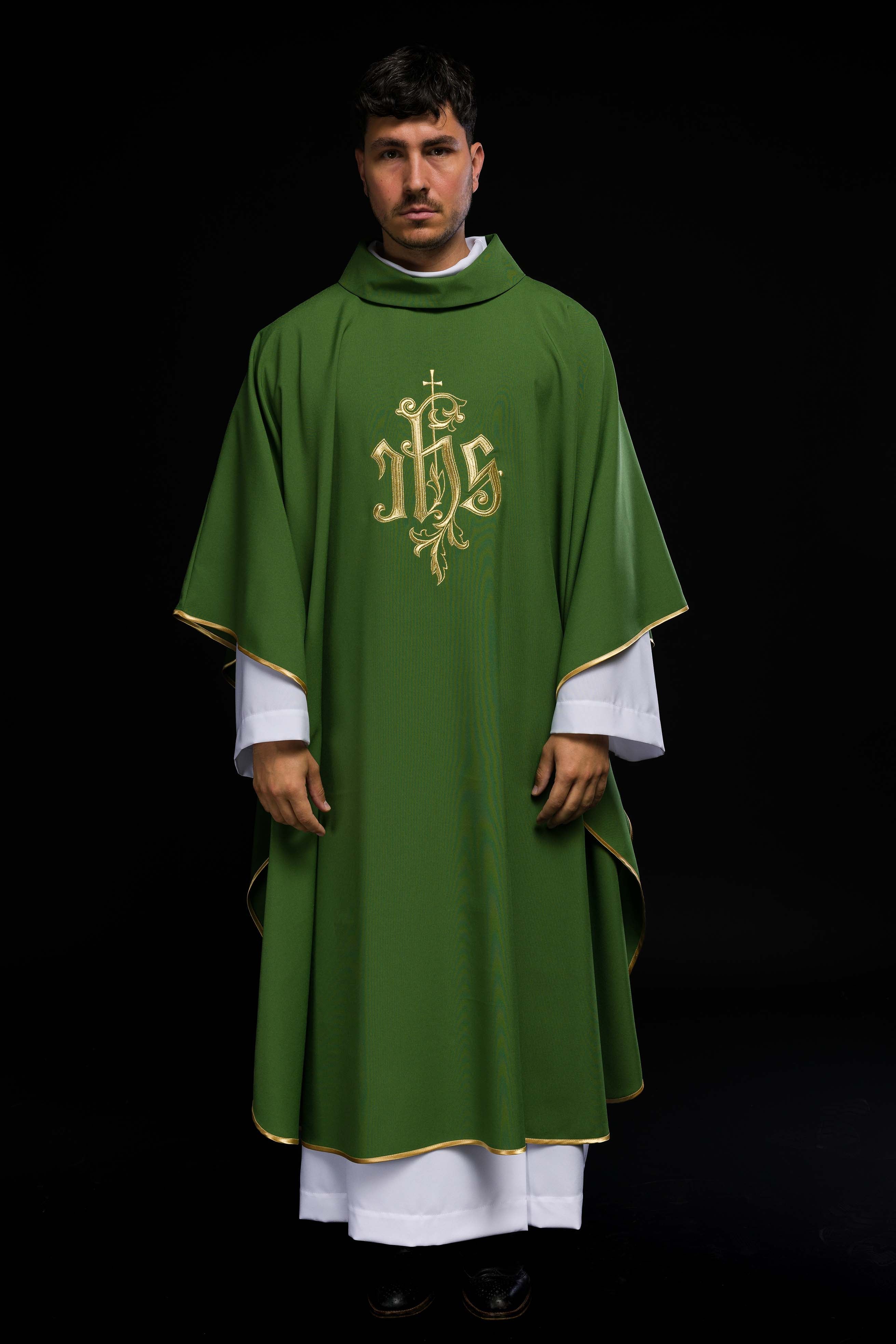 Green chasuble with gold IHS embroidery