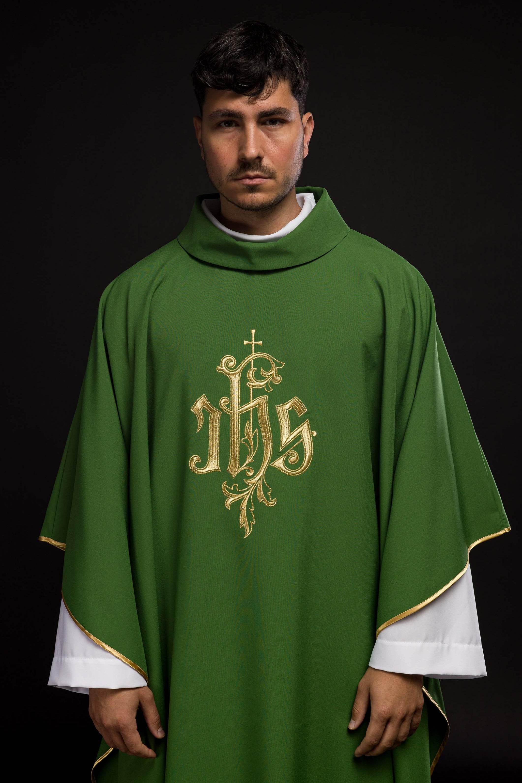 Green chasuble with gold IHS embroidery