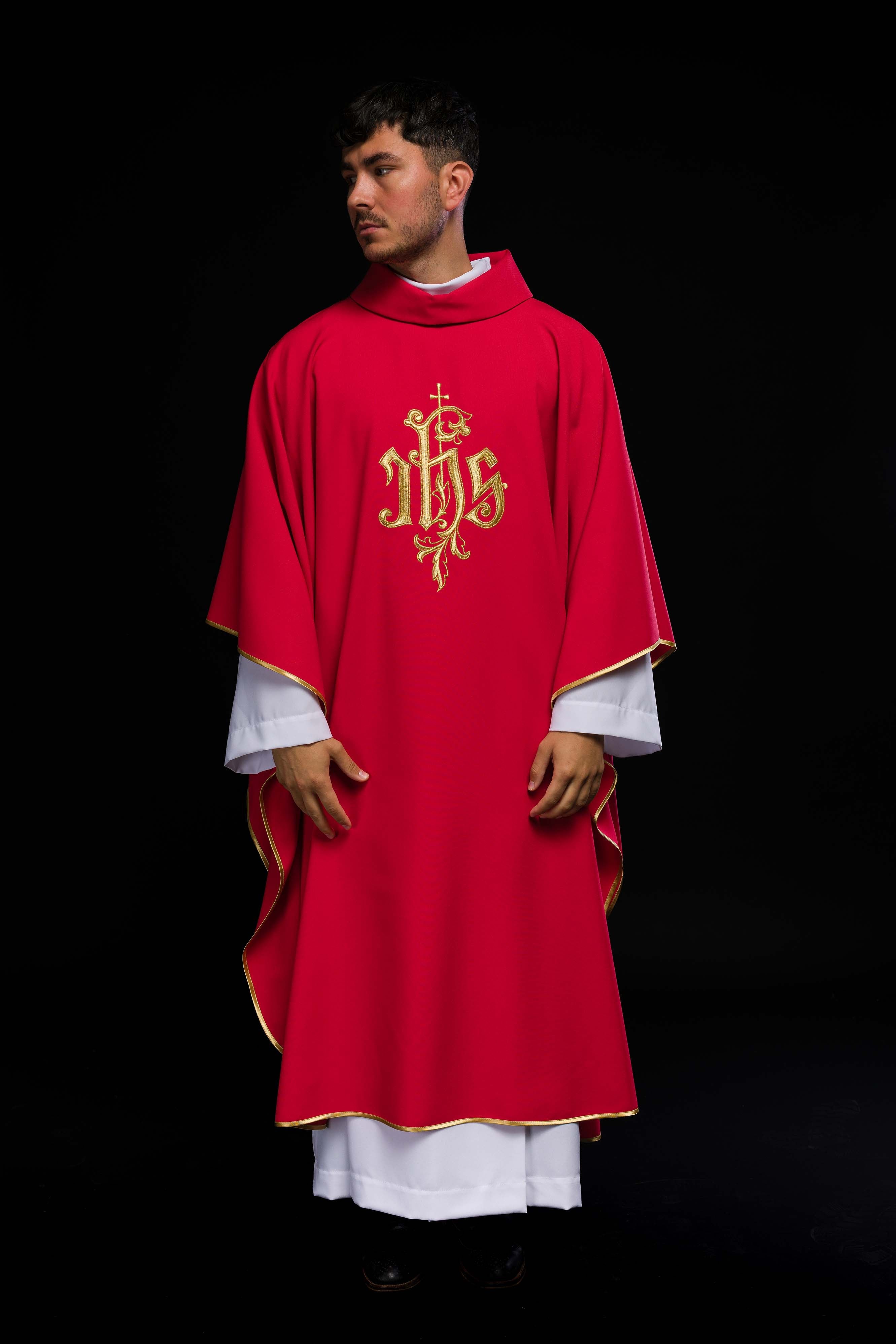 Red chasuble with gold IHS embroidery