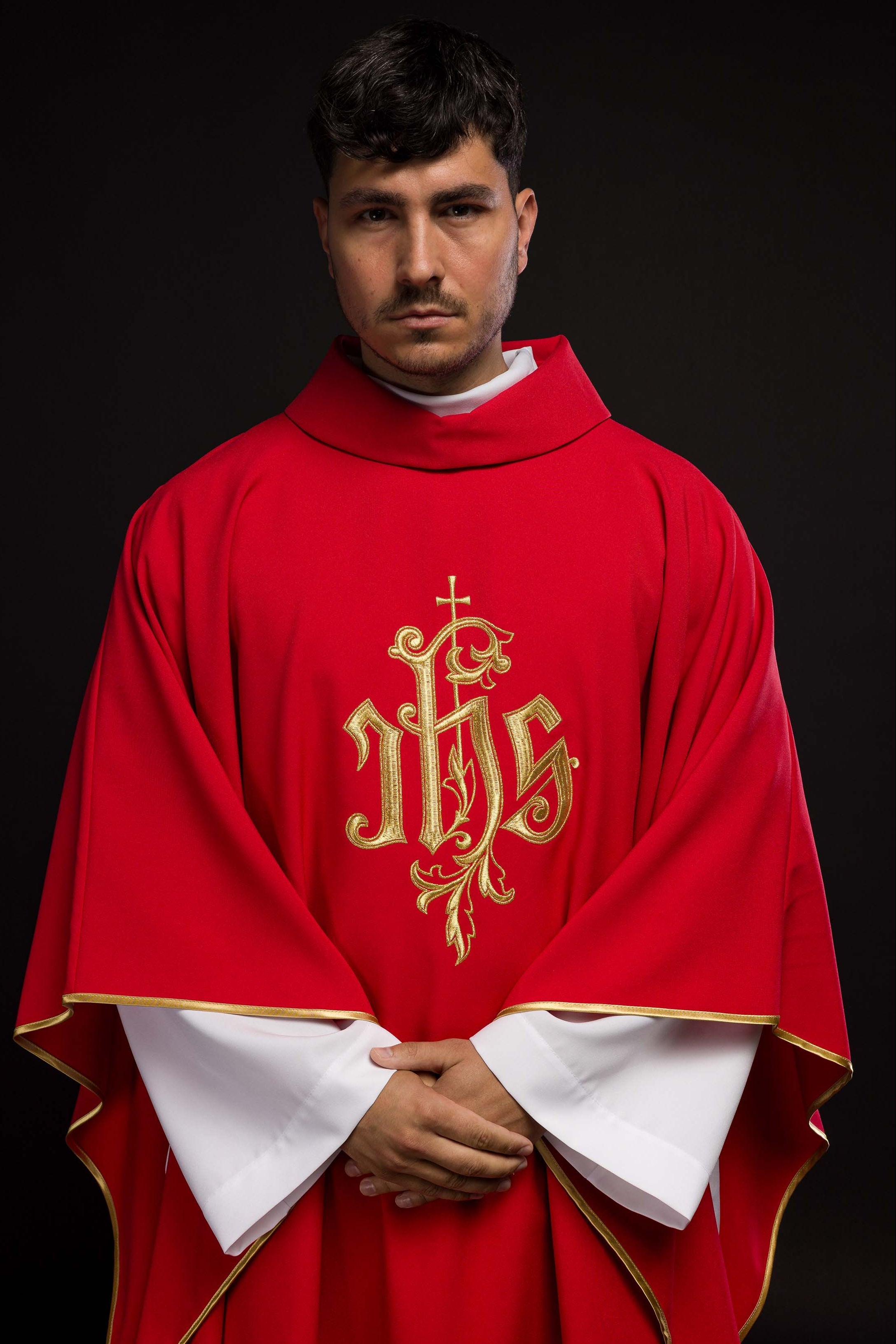 Red chasuble with gold IHS embroidery