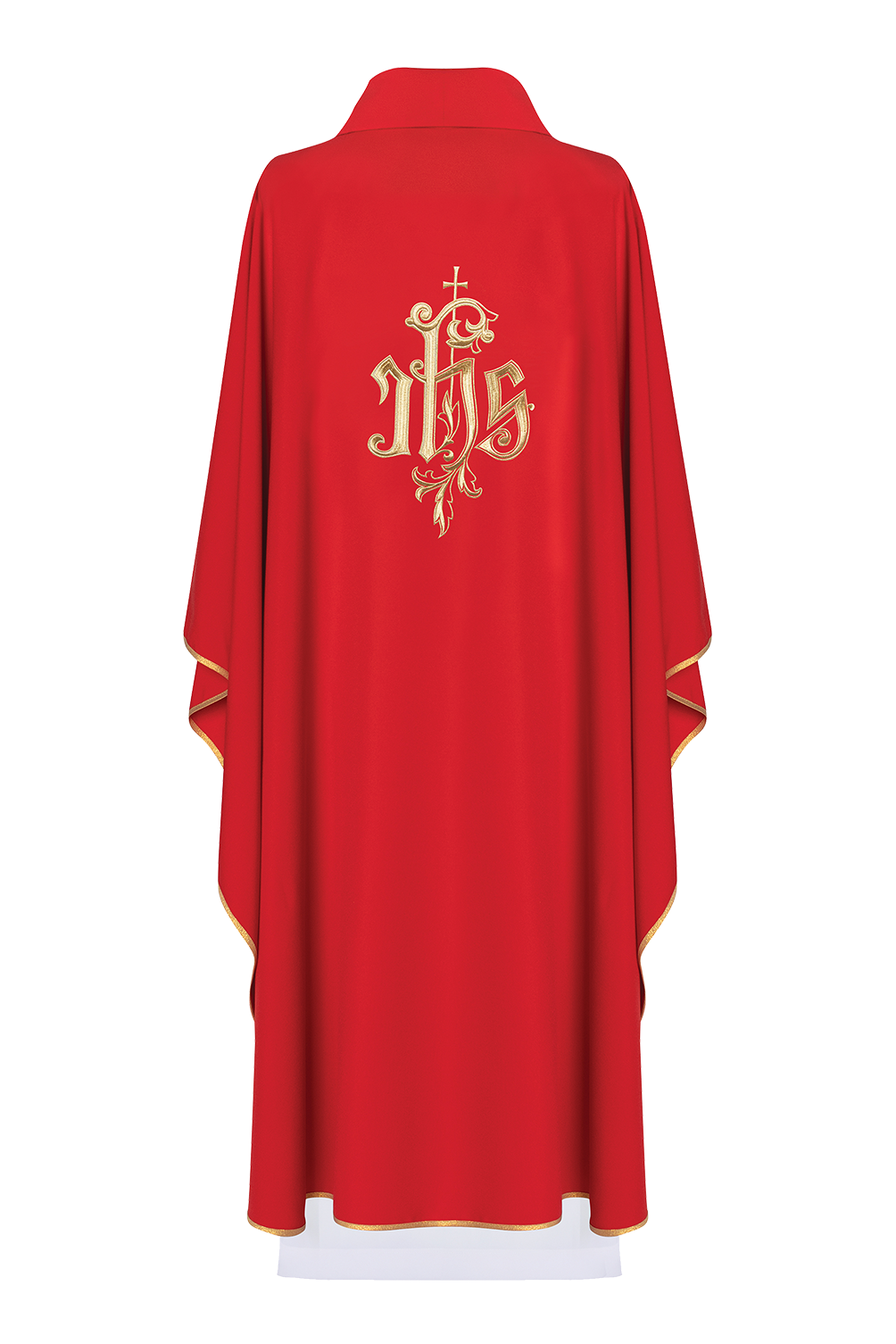 Red chasuble with gold IHS embroidery