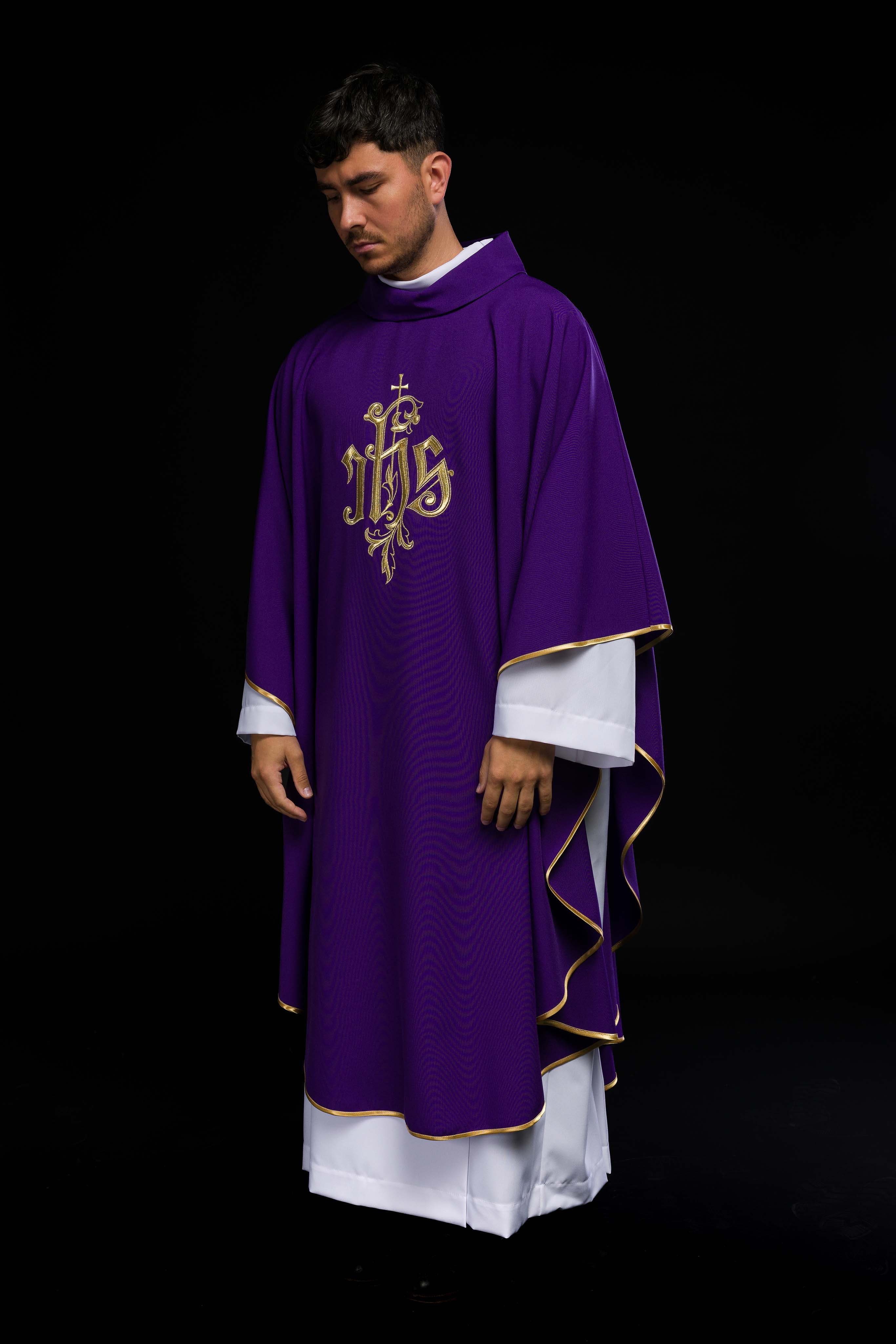 Purple chasuble with gold IHS embroidery