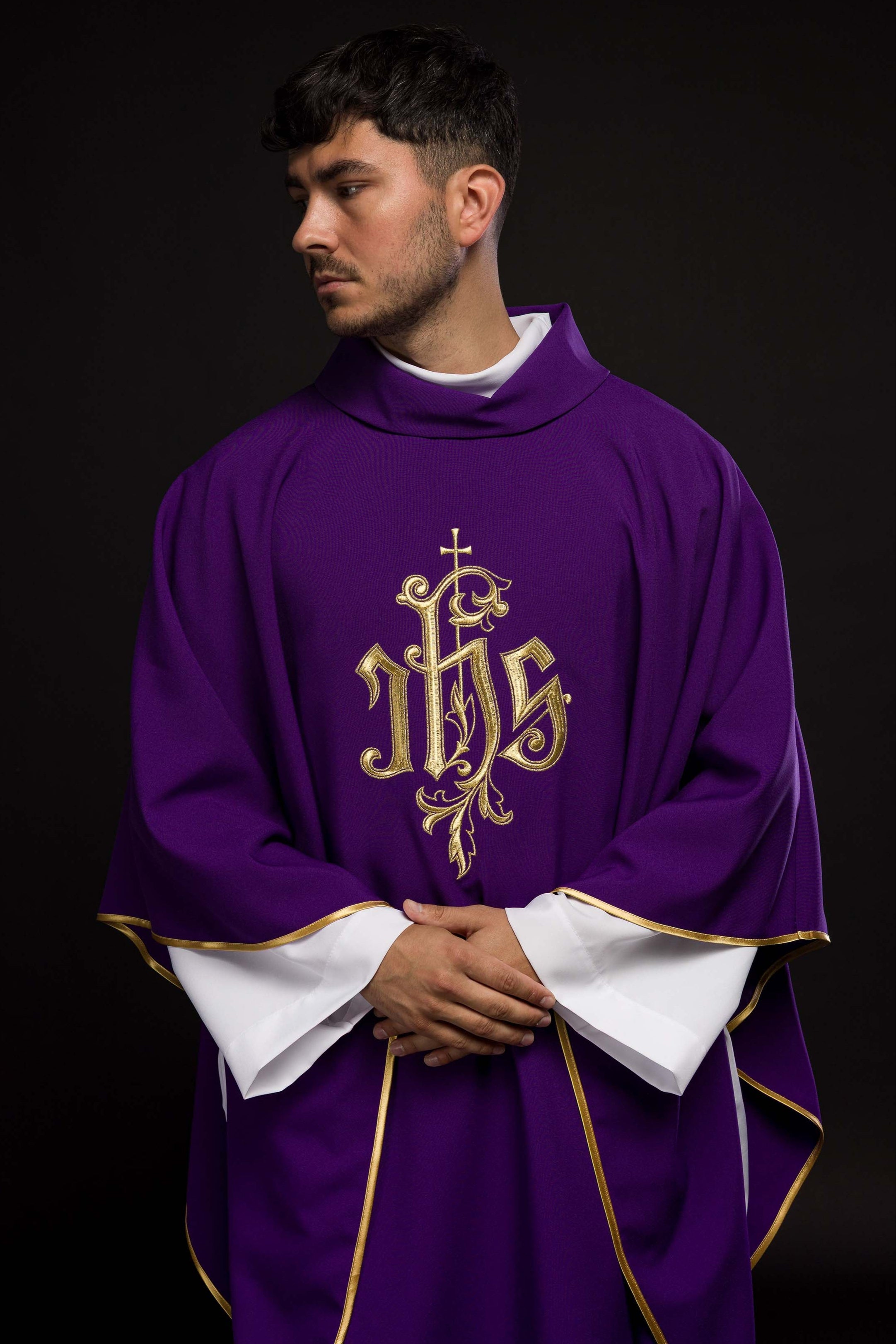 Purple chasuble with gold IHS embroidery