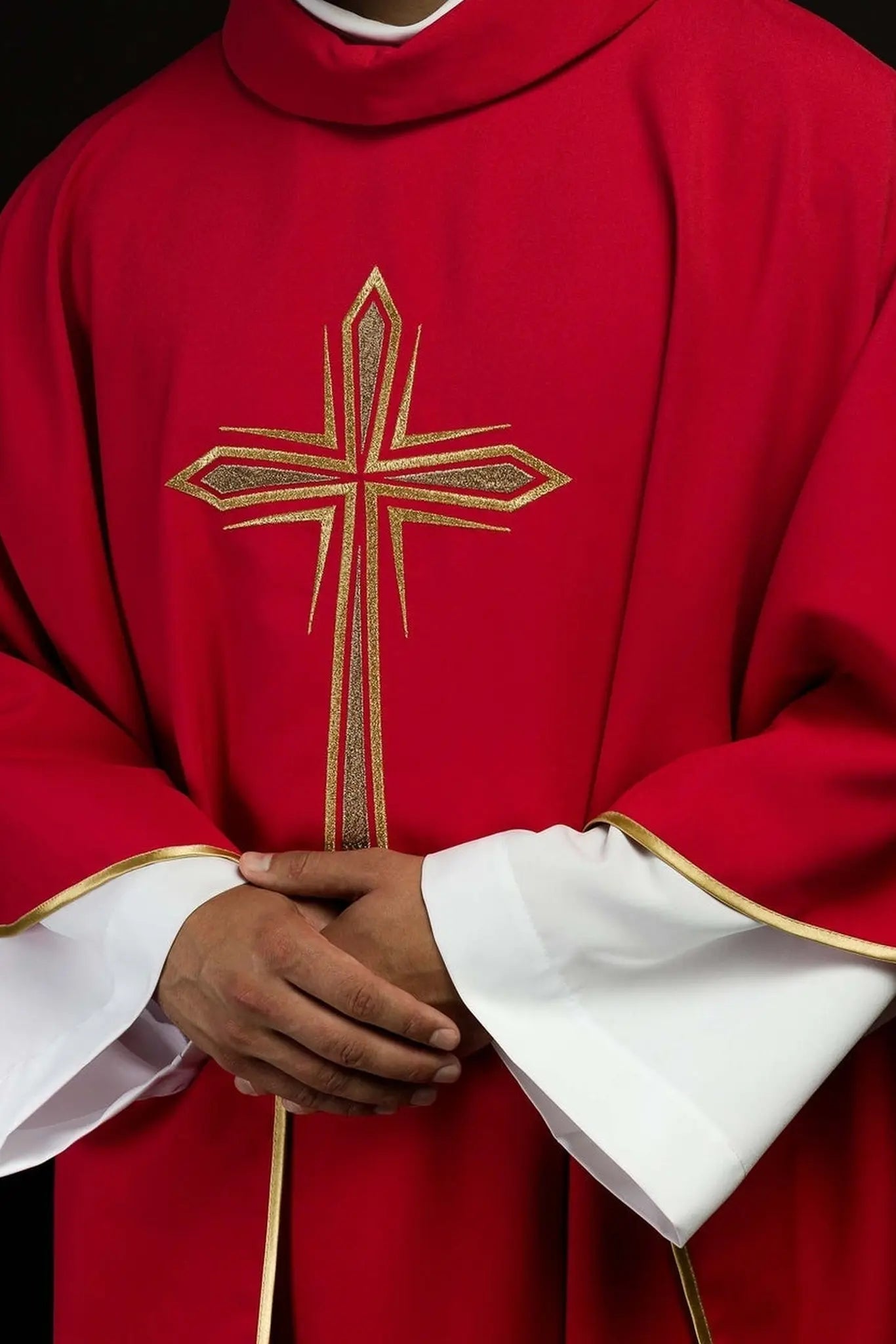 Red chasuble embroidered with cross design