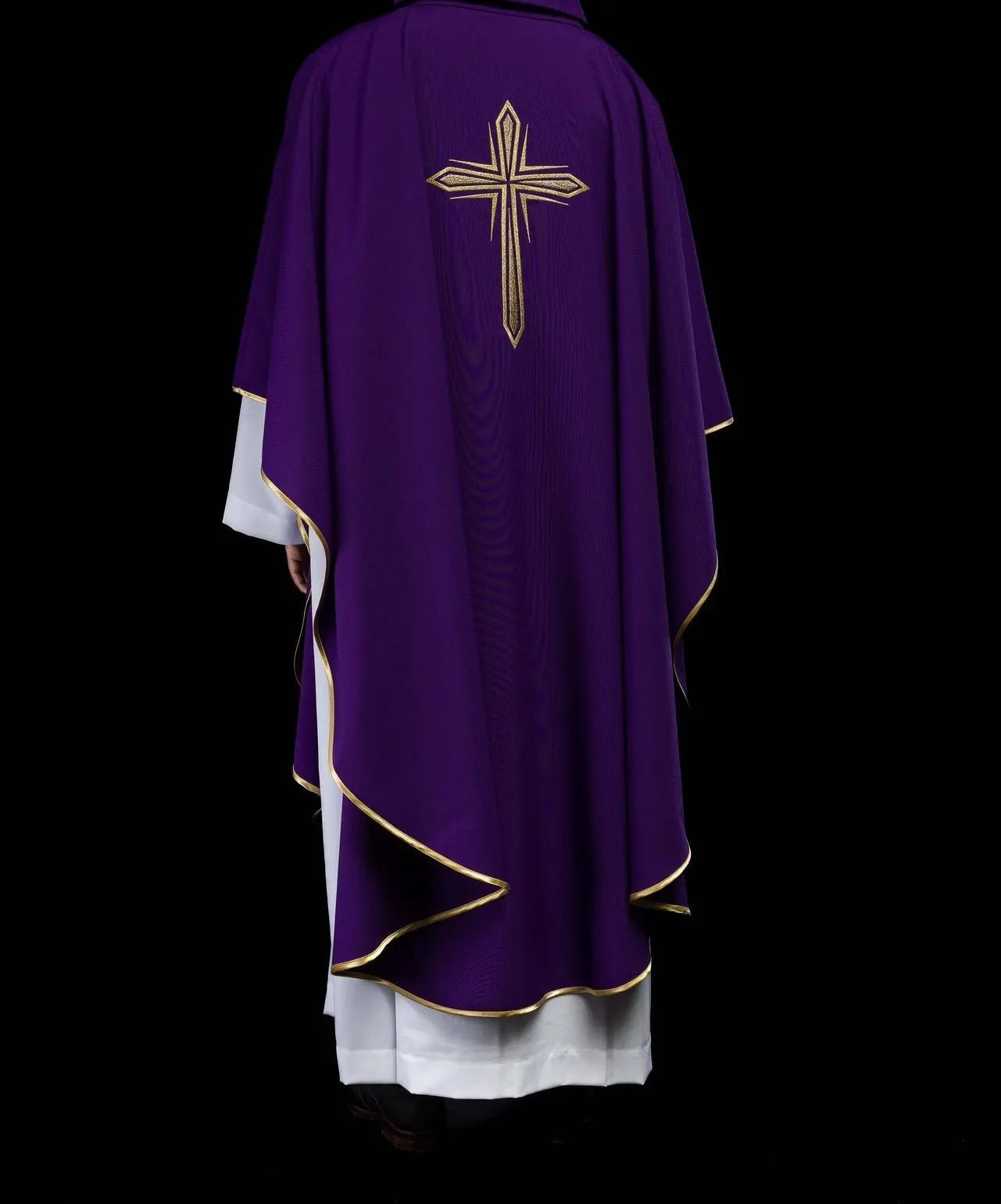 Purple chasuble with embroidery of the cross and gold piping