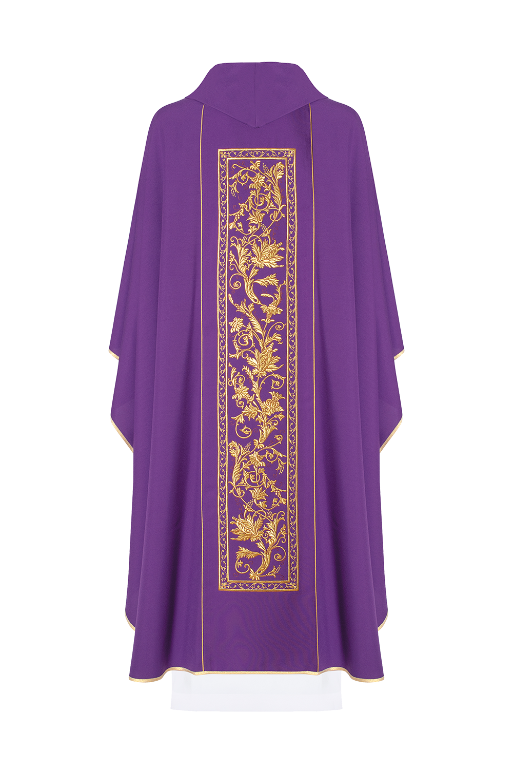 Purple chasuble with richly decorated wide belt with eucharistic chalice motif