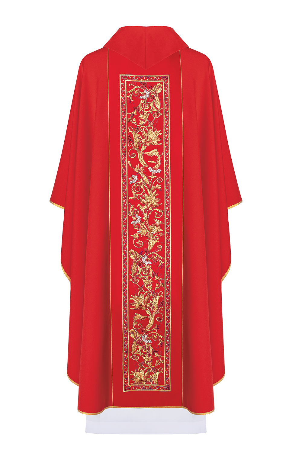 Embroidered red chasuble with JHS symbol