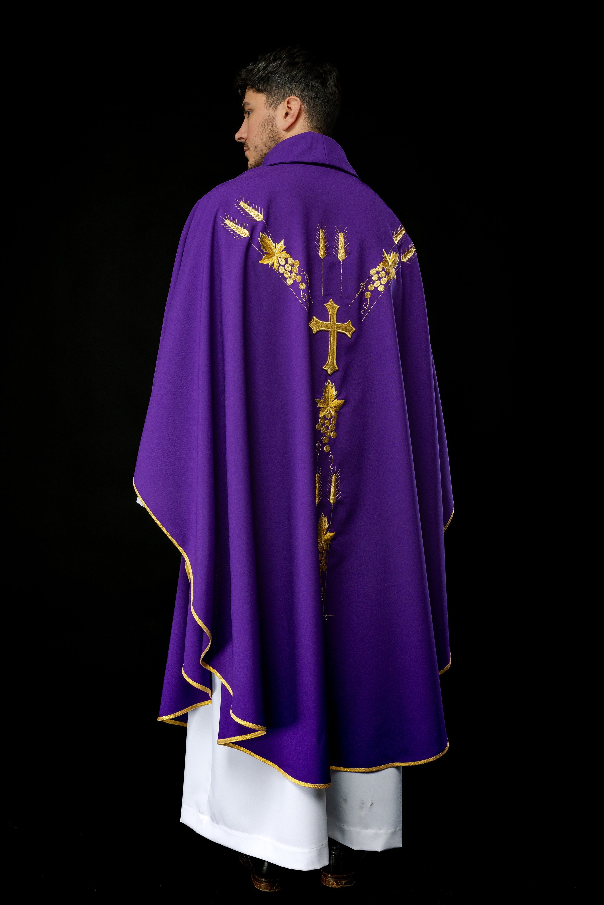 Embroidered chasuble with IHS symbol grapes Purple