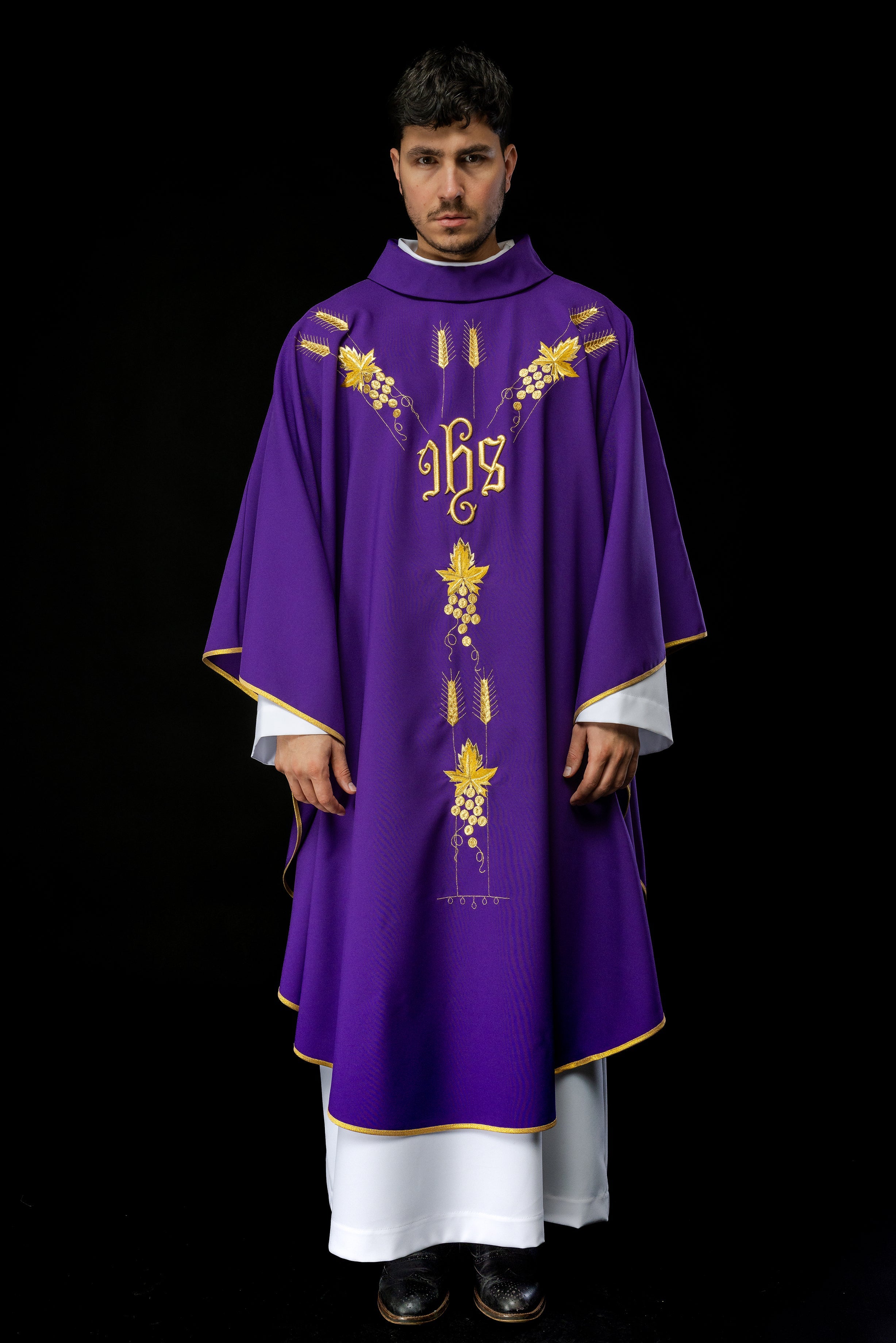 Embroidered chasuble with IHS symbol grapes Purple