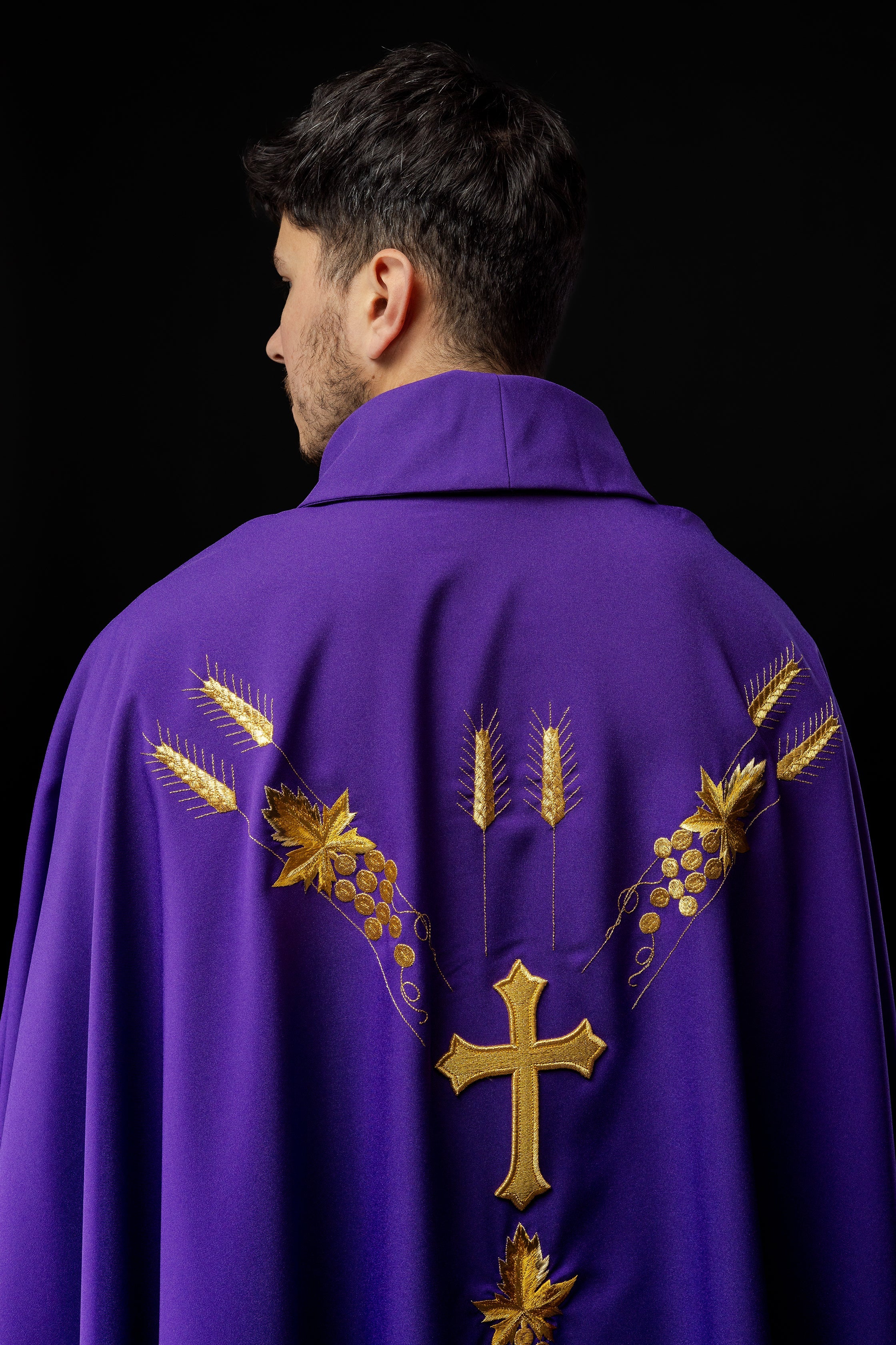 Embroidered chasuble with IHS symbol grapes Purple