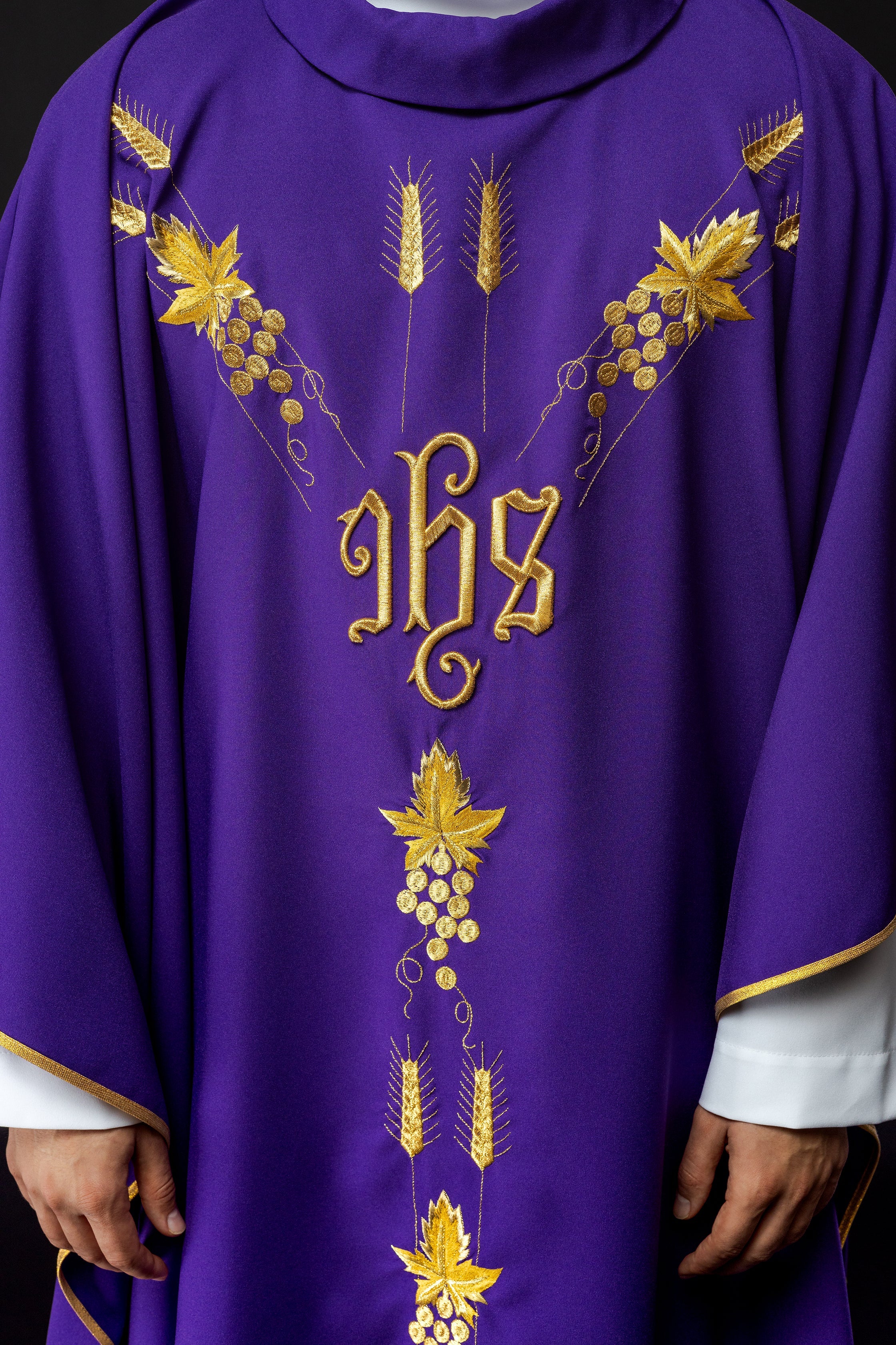 Embroidered chasuble with IHS symbol grapes Purple