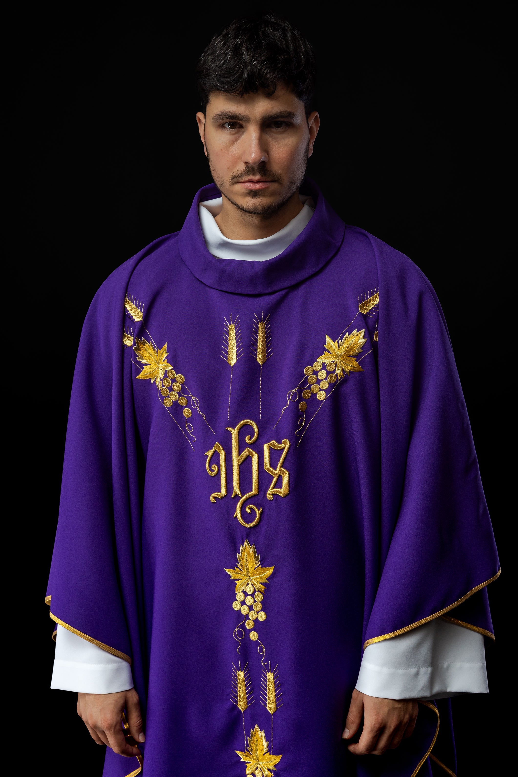 Embroidered chasuble with IHS symbol grapes Purple