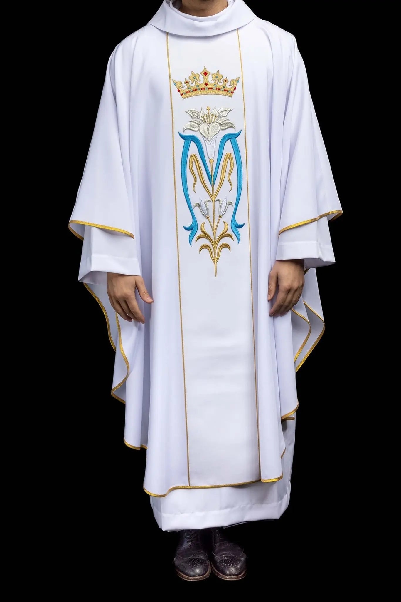 White Marian Chasuble with Crown Embroidery