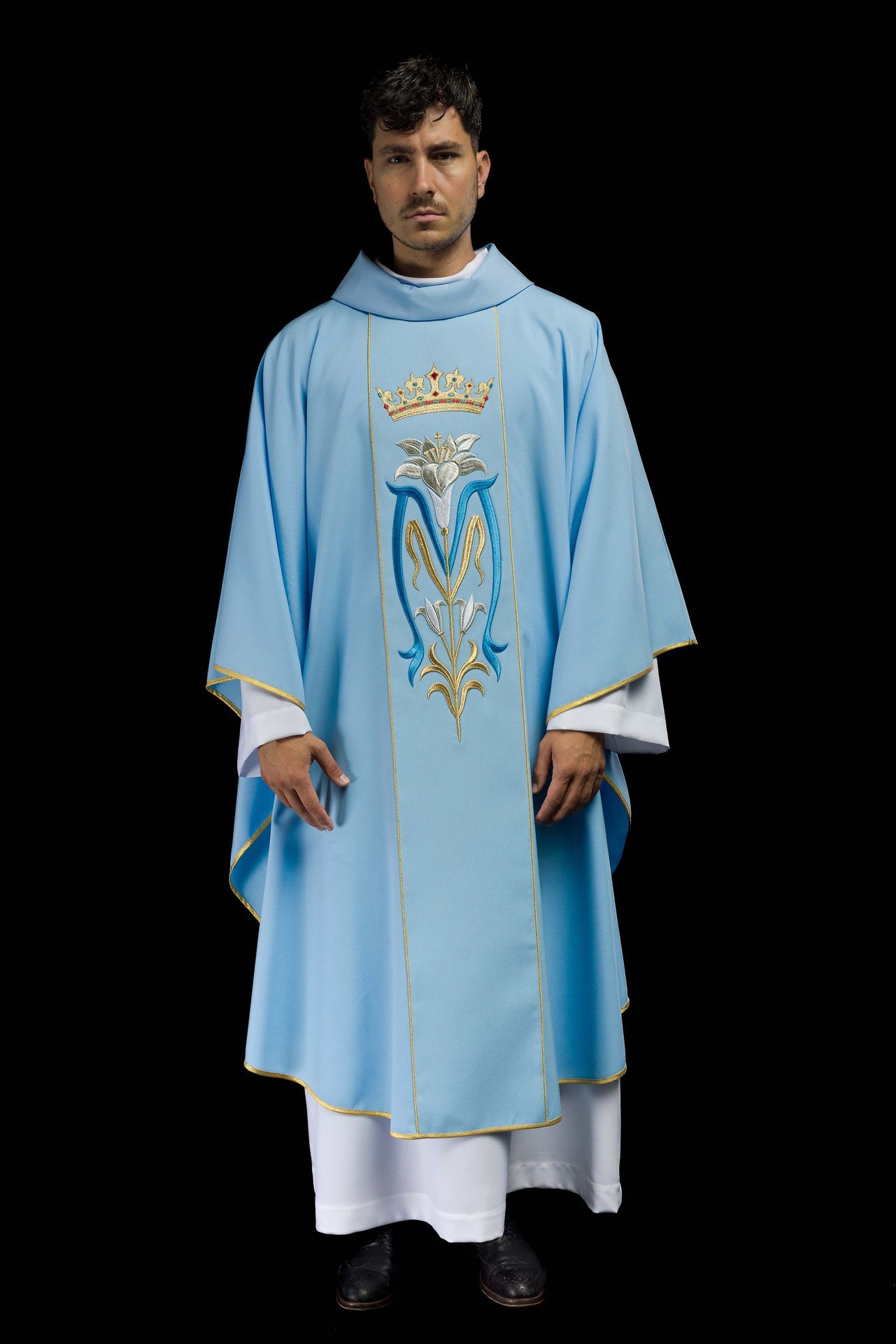 Ornat liturgiczny Maryjny haftowany z koroną Niebieski - ORNATY.PL