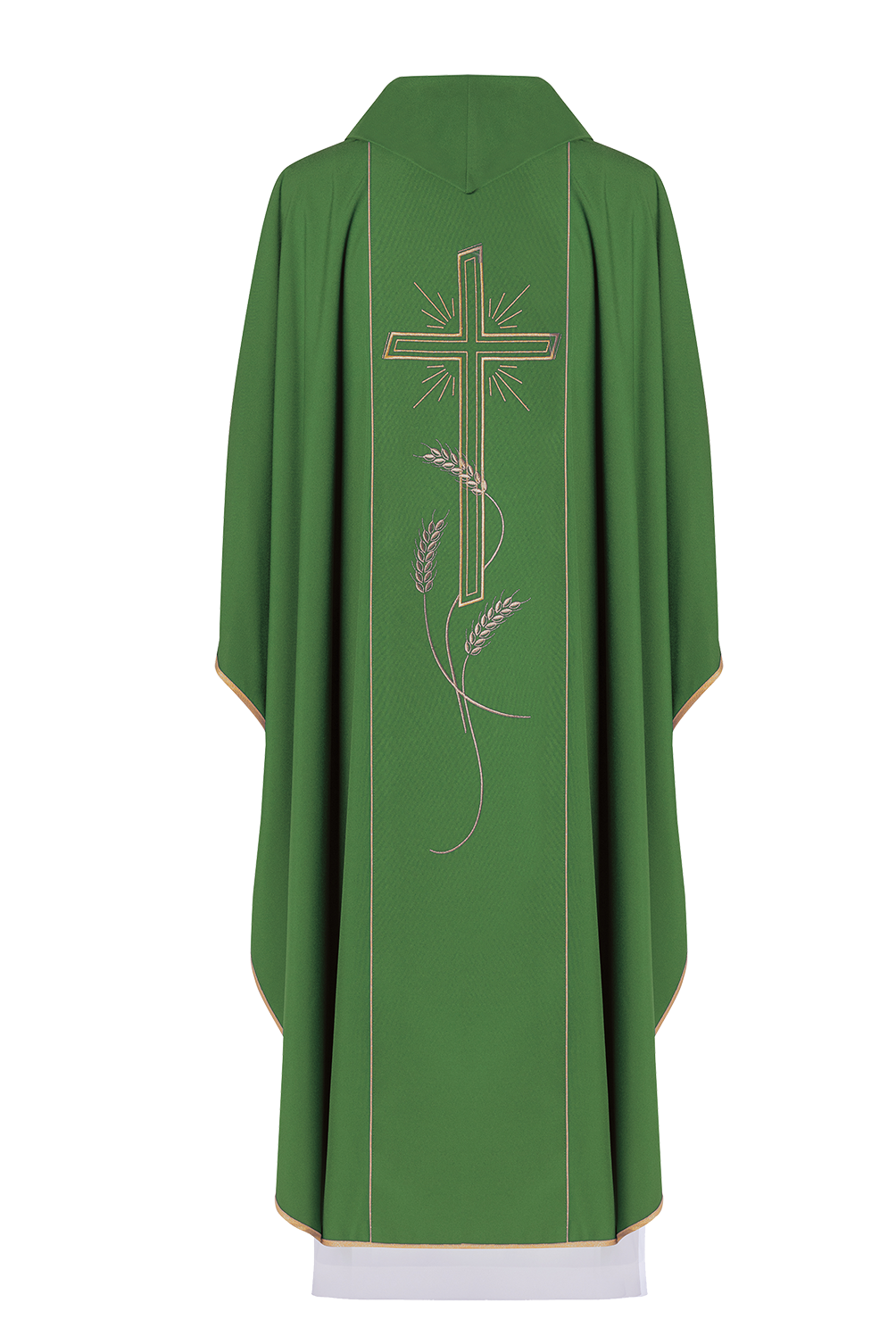 Green chasuble with wide embroidered gold stripe IHS cross