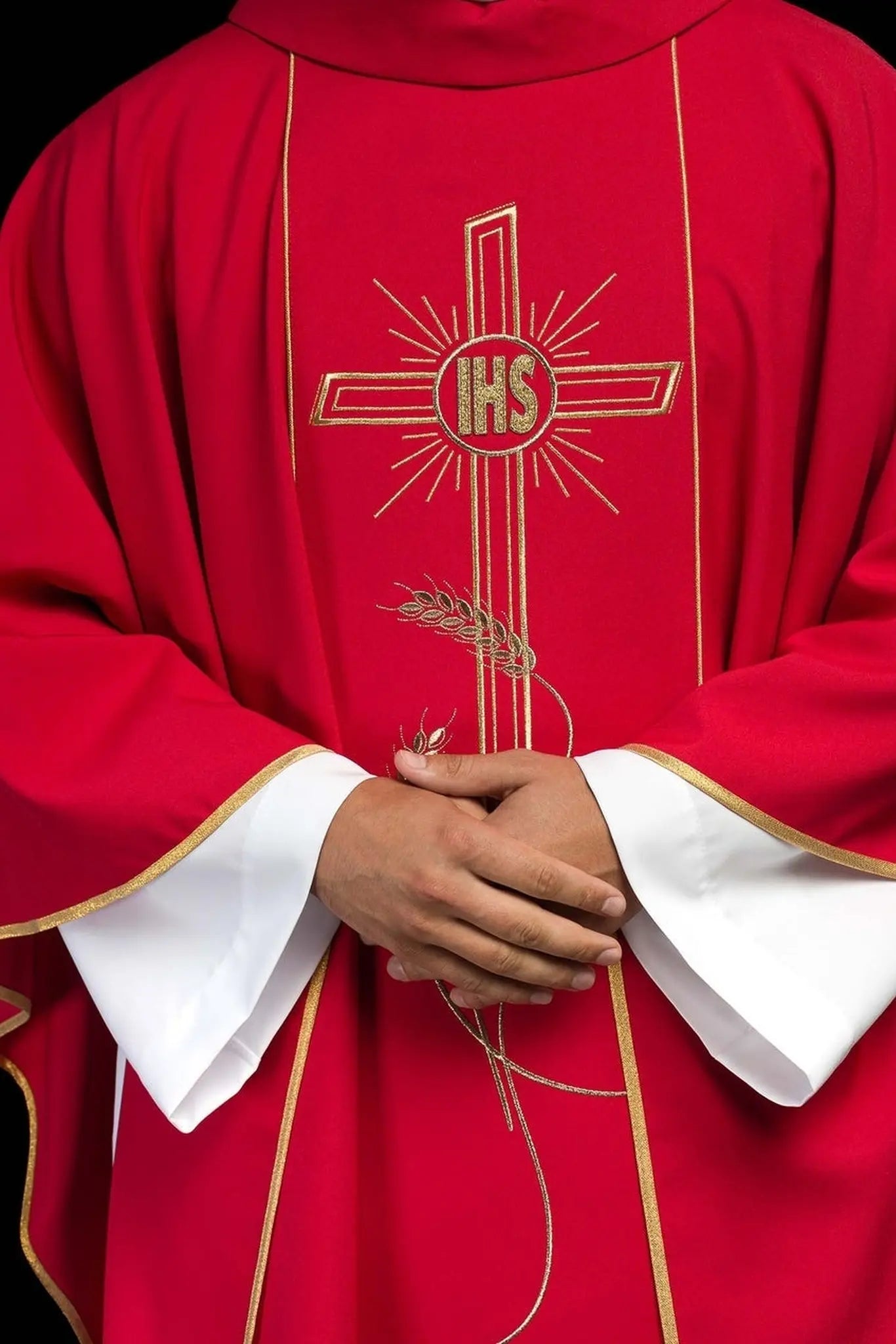 Red chasuble with wide embroidered gold stripe IHS cross