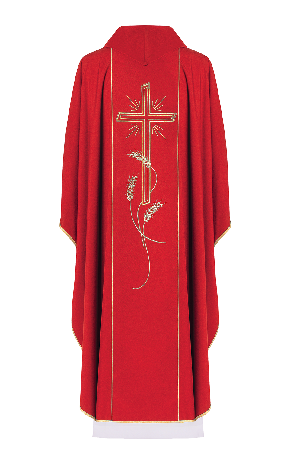 Red chasuble with wide embroidered gold stripe IHS cross