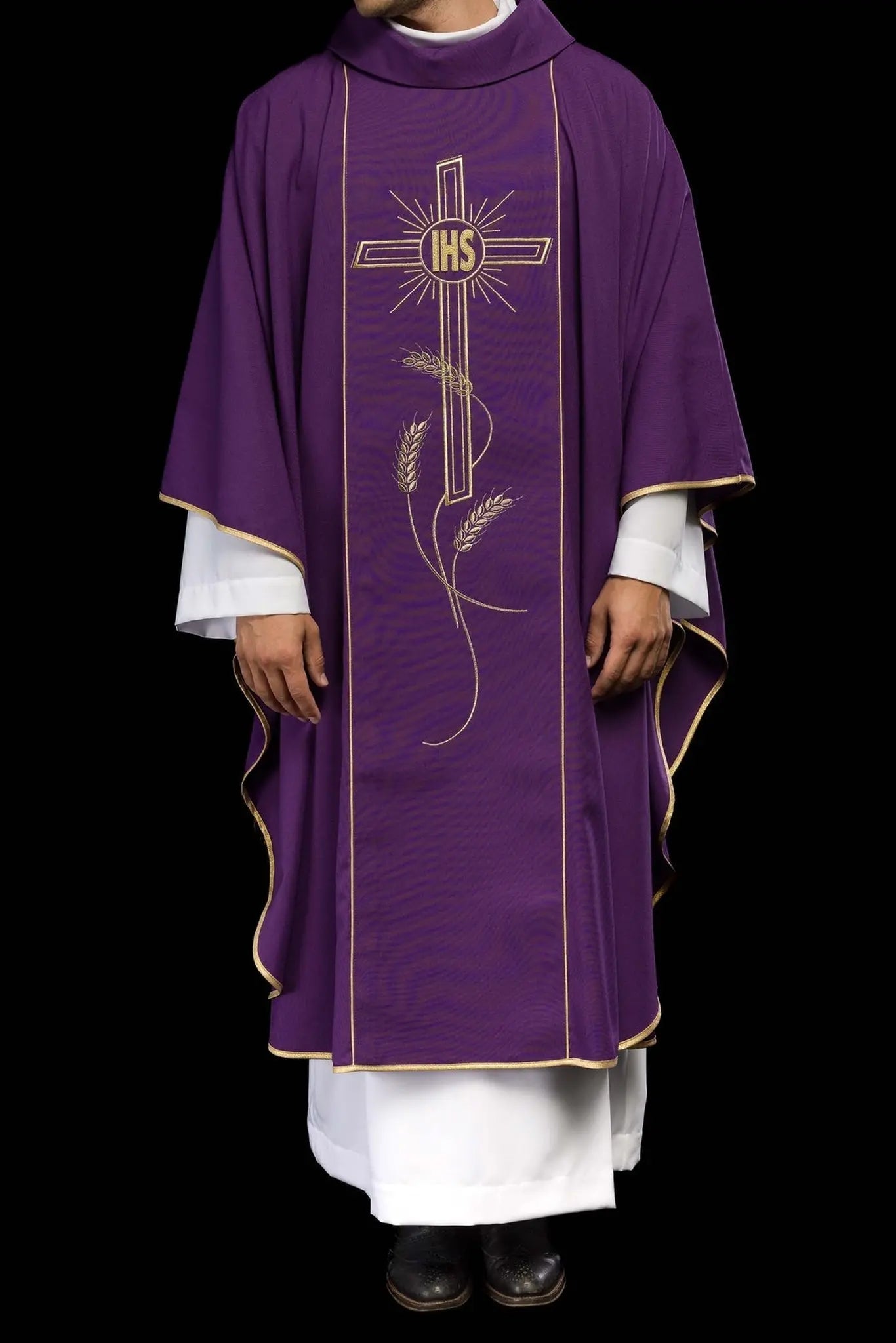 Purple chasuble with wide gold embroidered stripe IHS cross