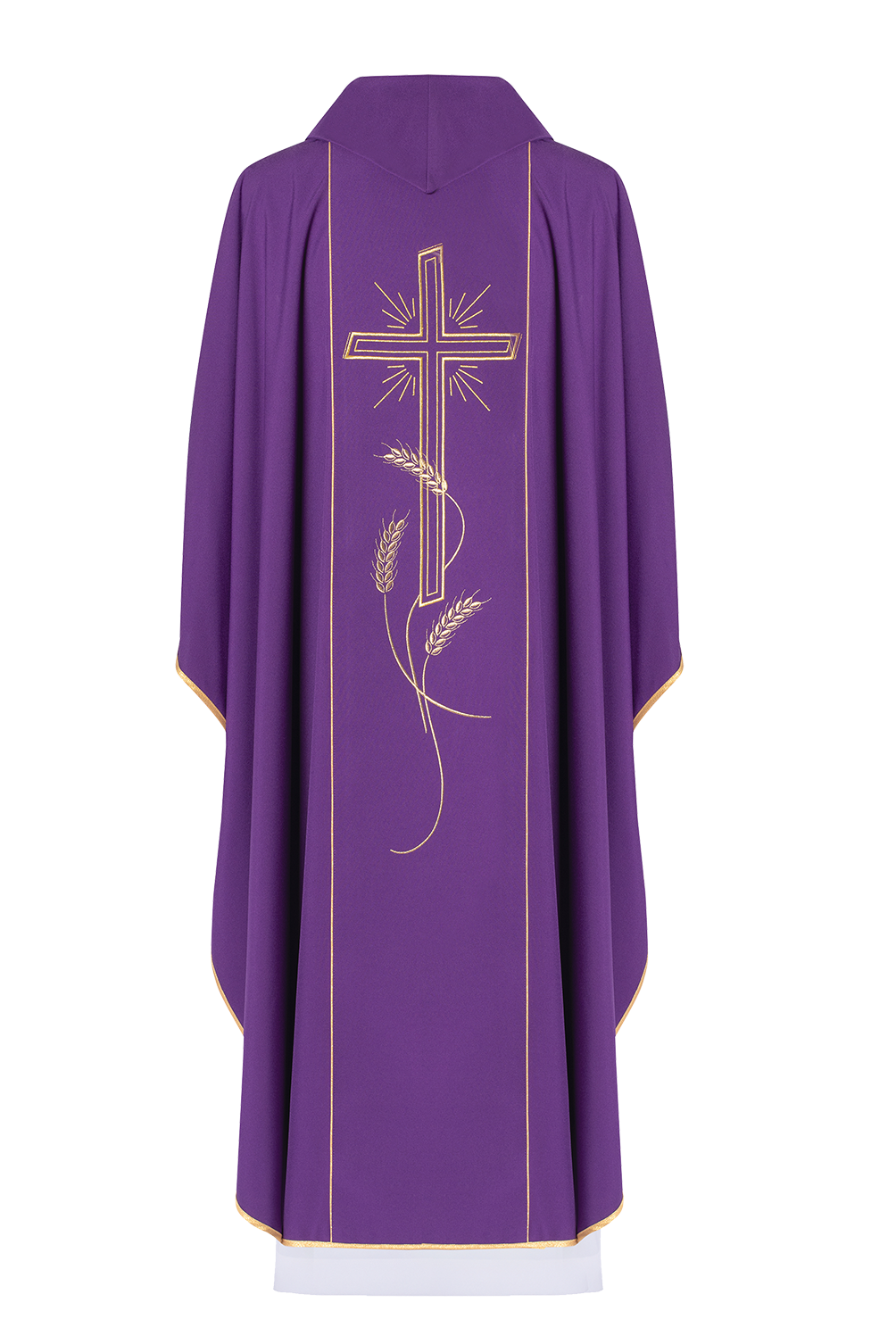 Purple chasuble with wide gold embroidered stripe IHS cross