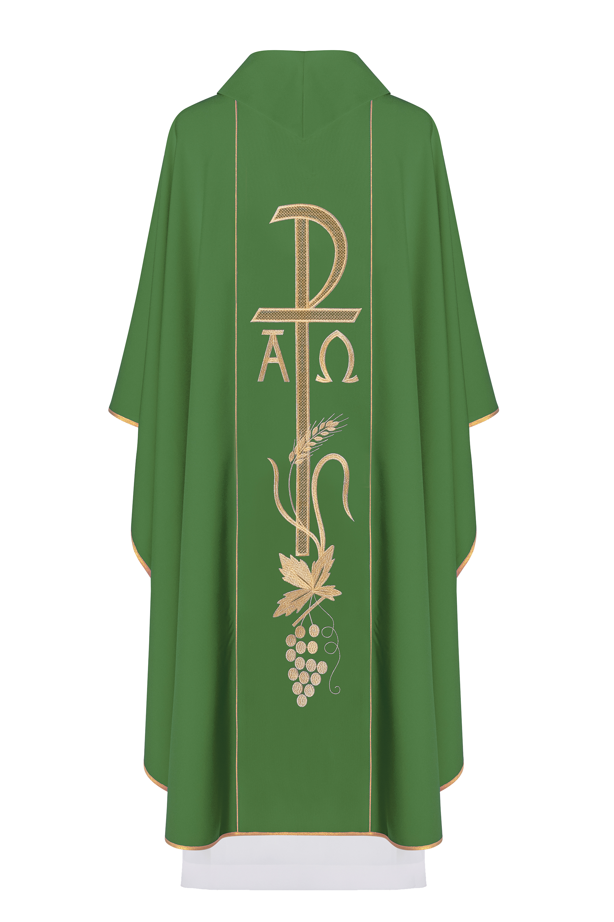 Green chasuble with wide embroidered gold Alpha and Omega belt