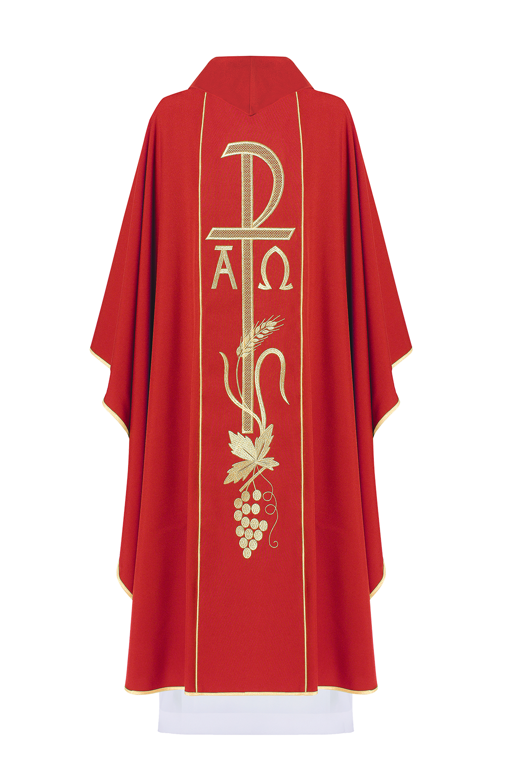 Red chasuble with wide embroidered gold Alpha and Omega belt