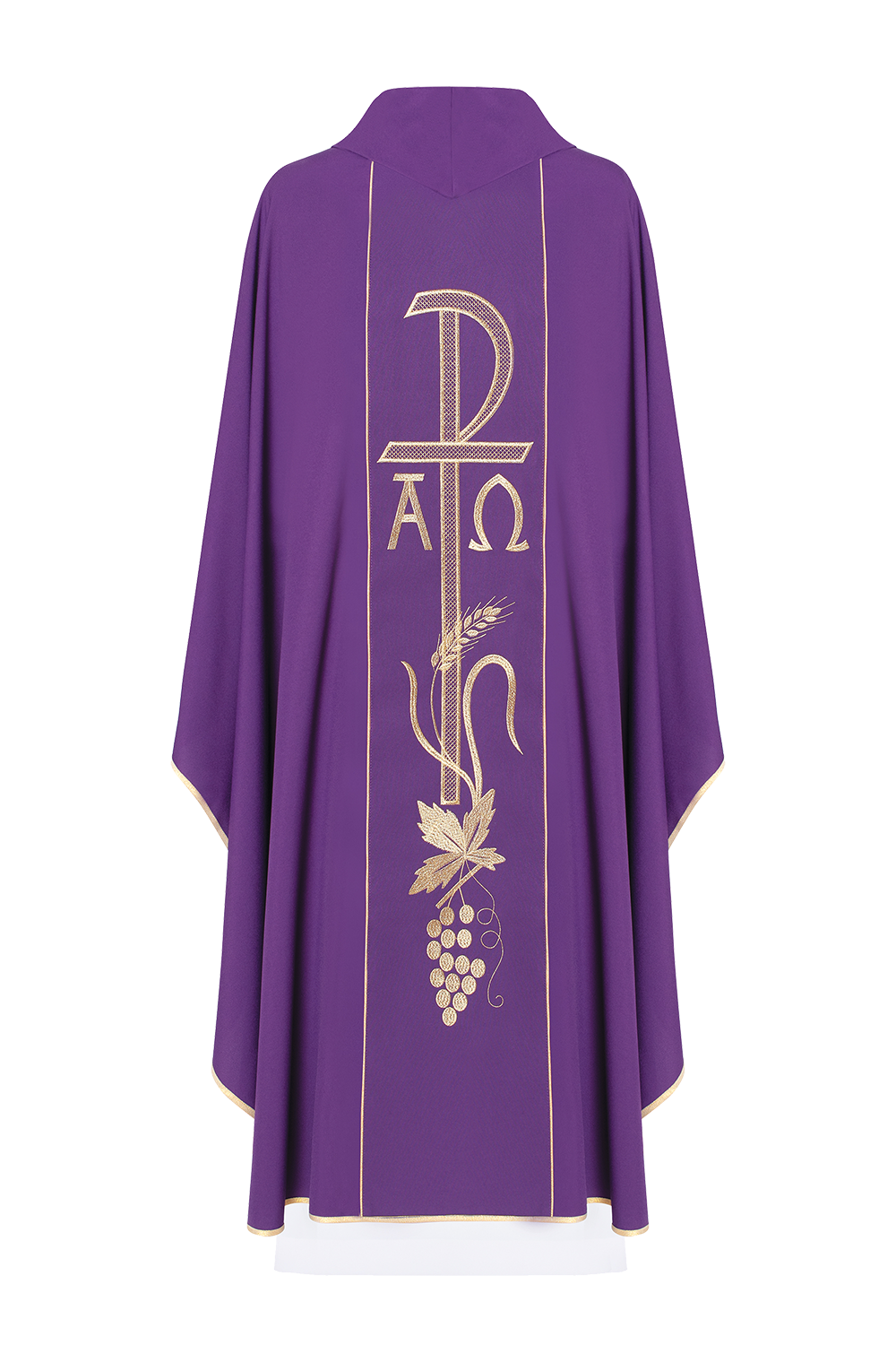 Purple chasuble with wide embroidered gold Alpha and Omega belt