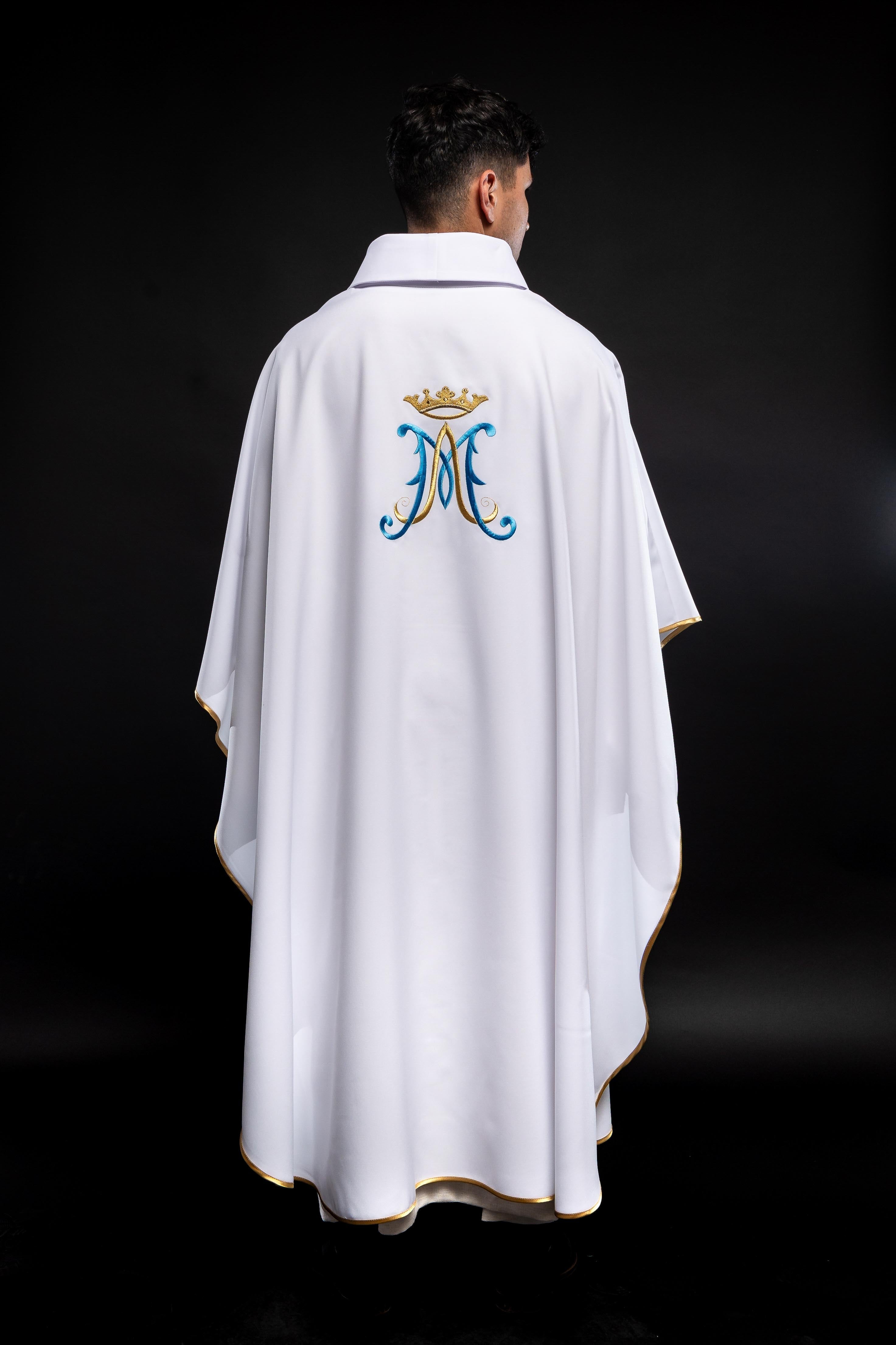 White chasuble embroidered with Marian motif