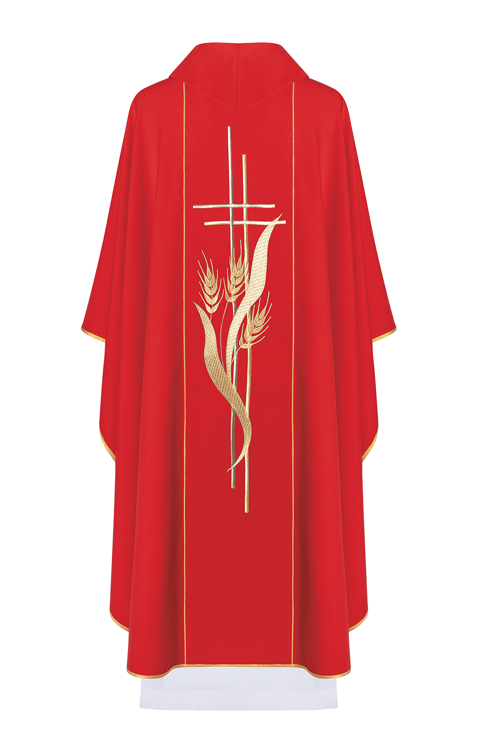 Red chasuble embroidered with cross and ear motifs