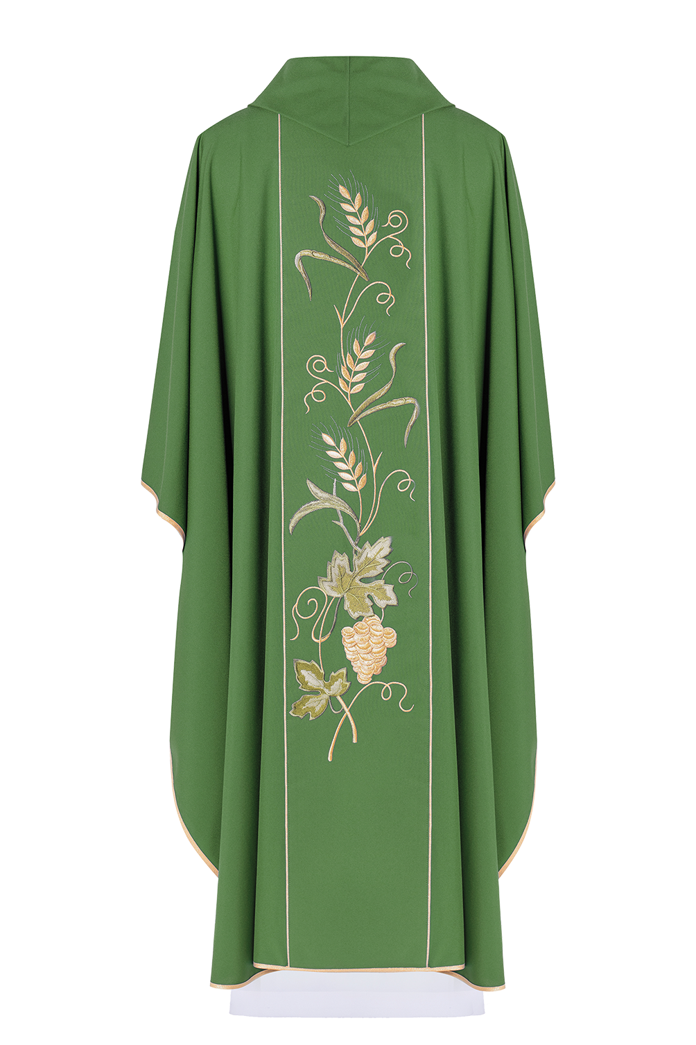 Green chasuble on belt with IHS embroidery, ears and grapes