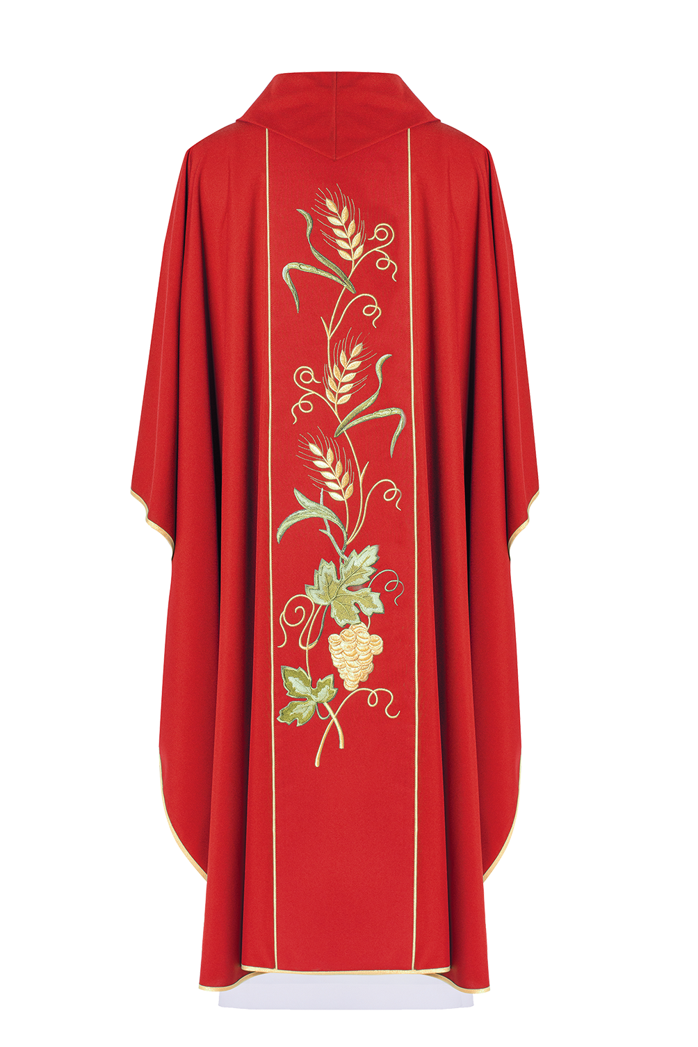 Red chasuble on belt with IHS embroidery, ears and grapes