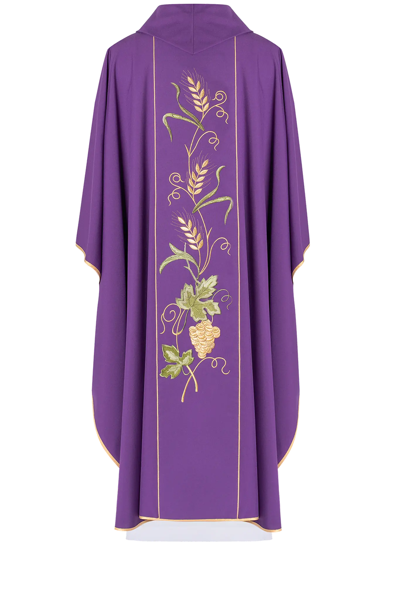 Purple chasuble on belt with embroidery of IHS, ears and grapes