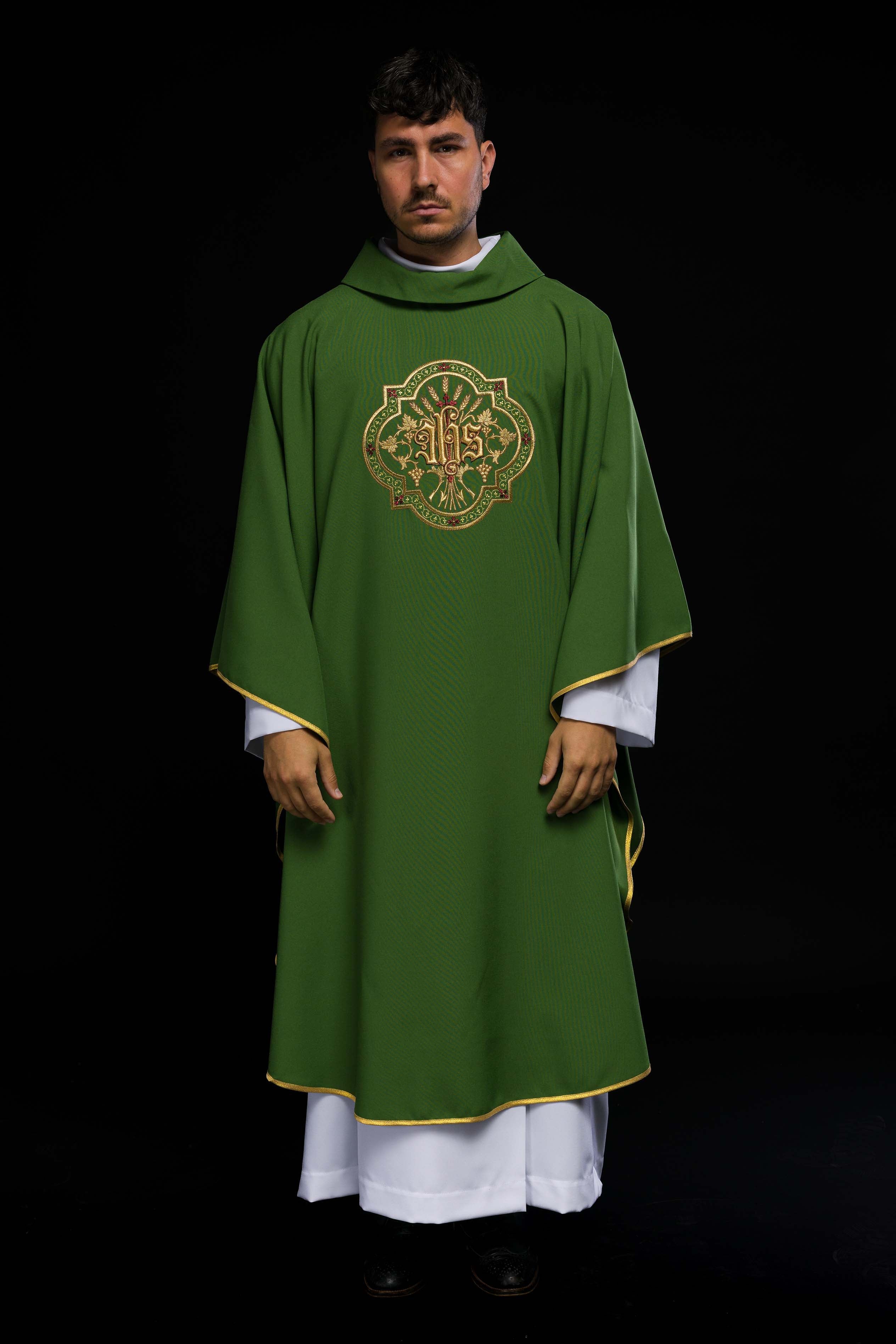 Green chasuble with IHS and PAX embroidery