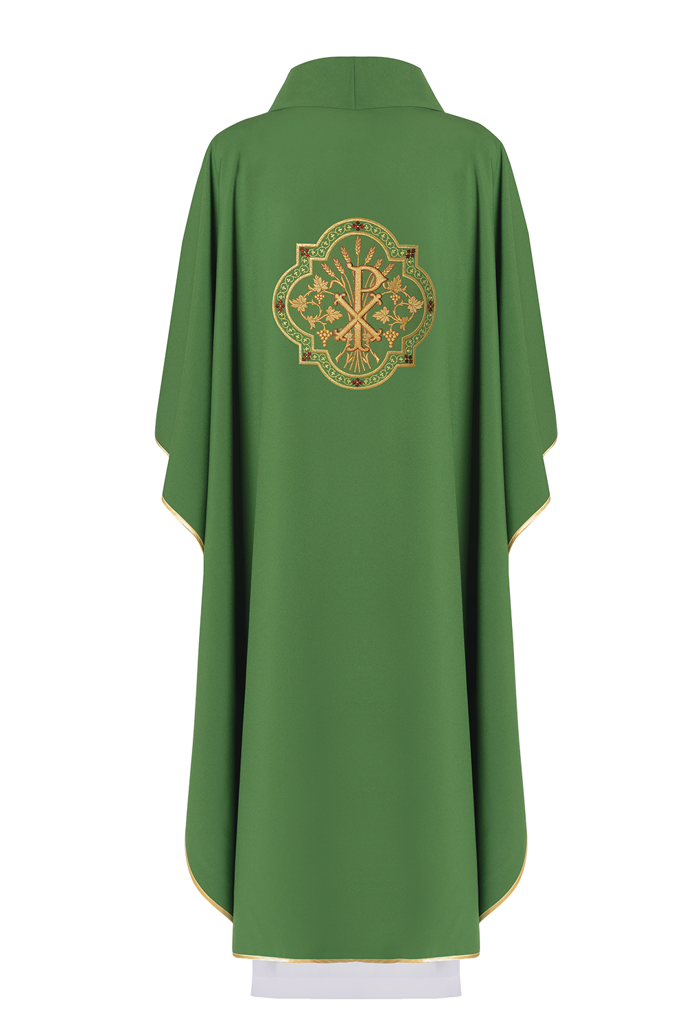 Green chasuble with IHS and PAX embroidery