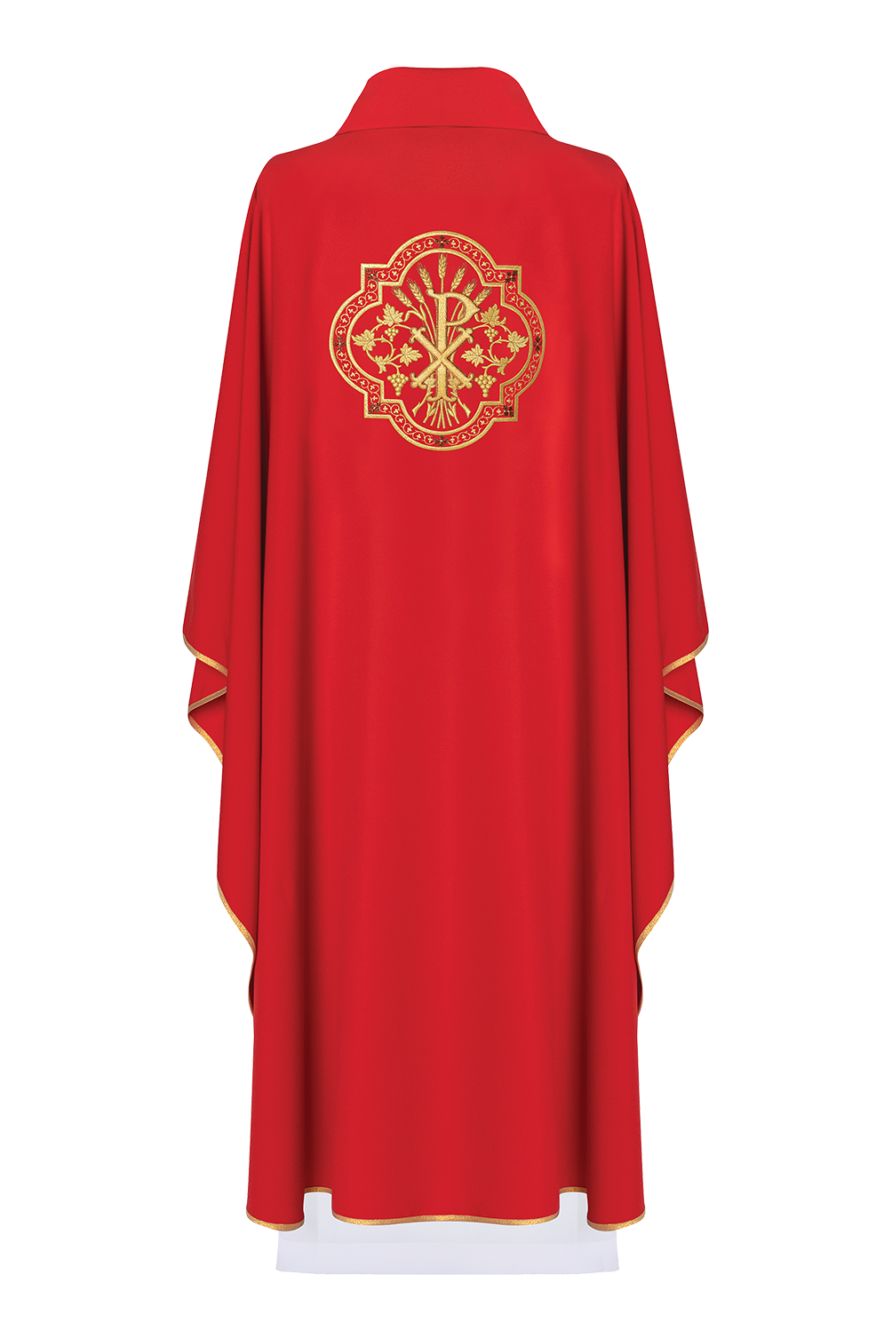 Red chasuble with IHS and PAX embroidery