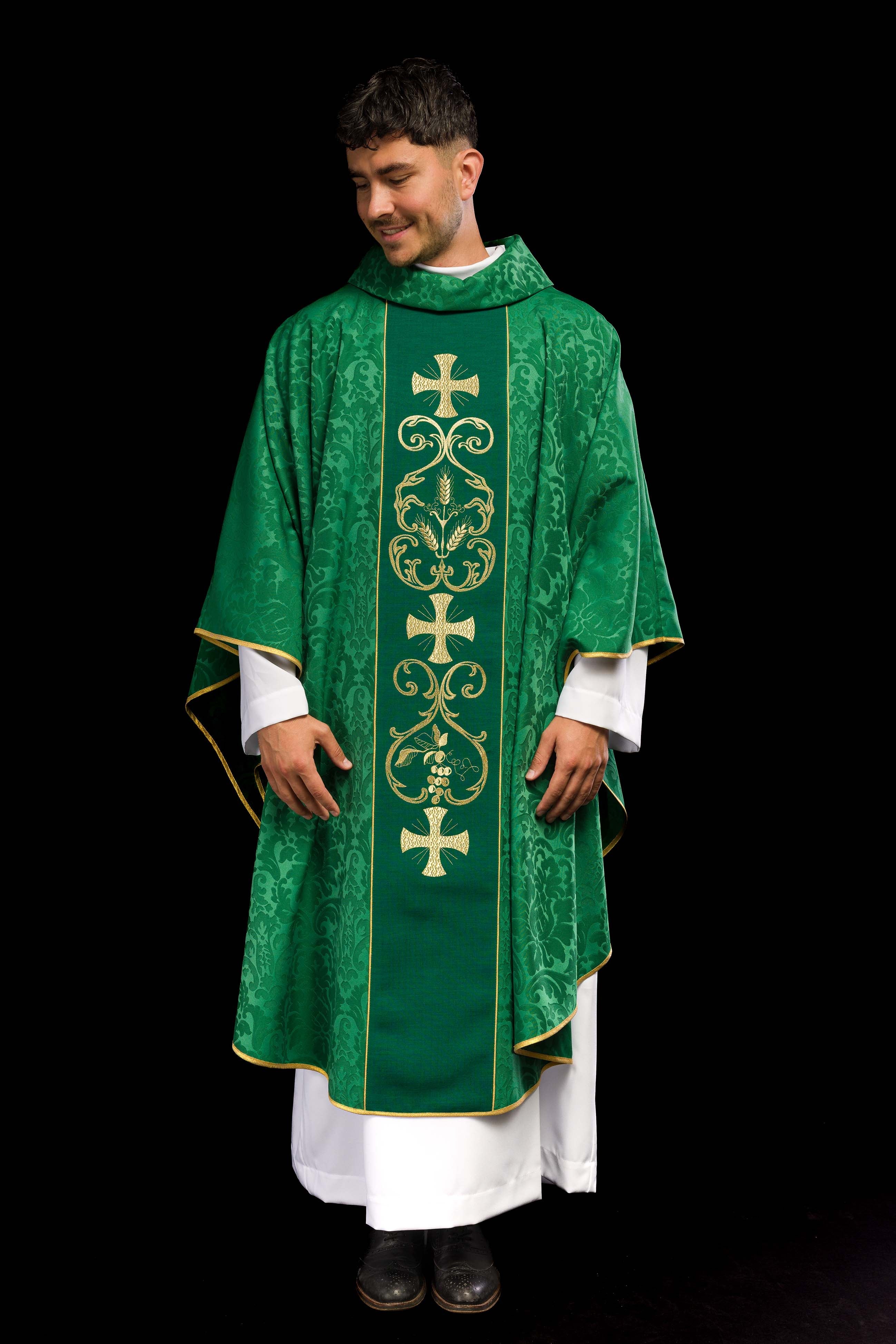 Green liturgical chasuble decorated with embroidered belt