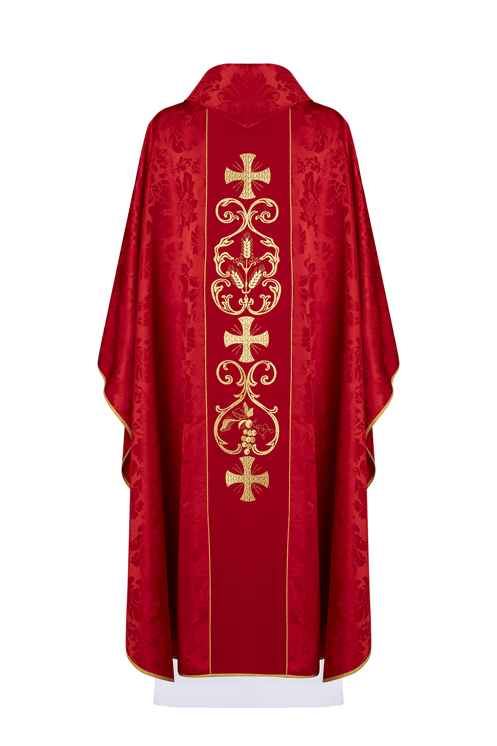 Red liturgical chasuble decorated with embroidered belt