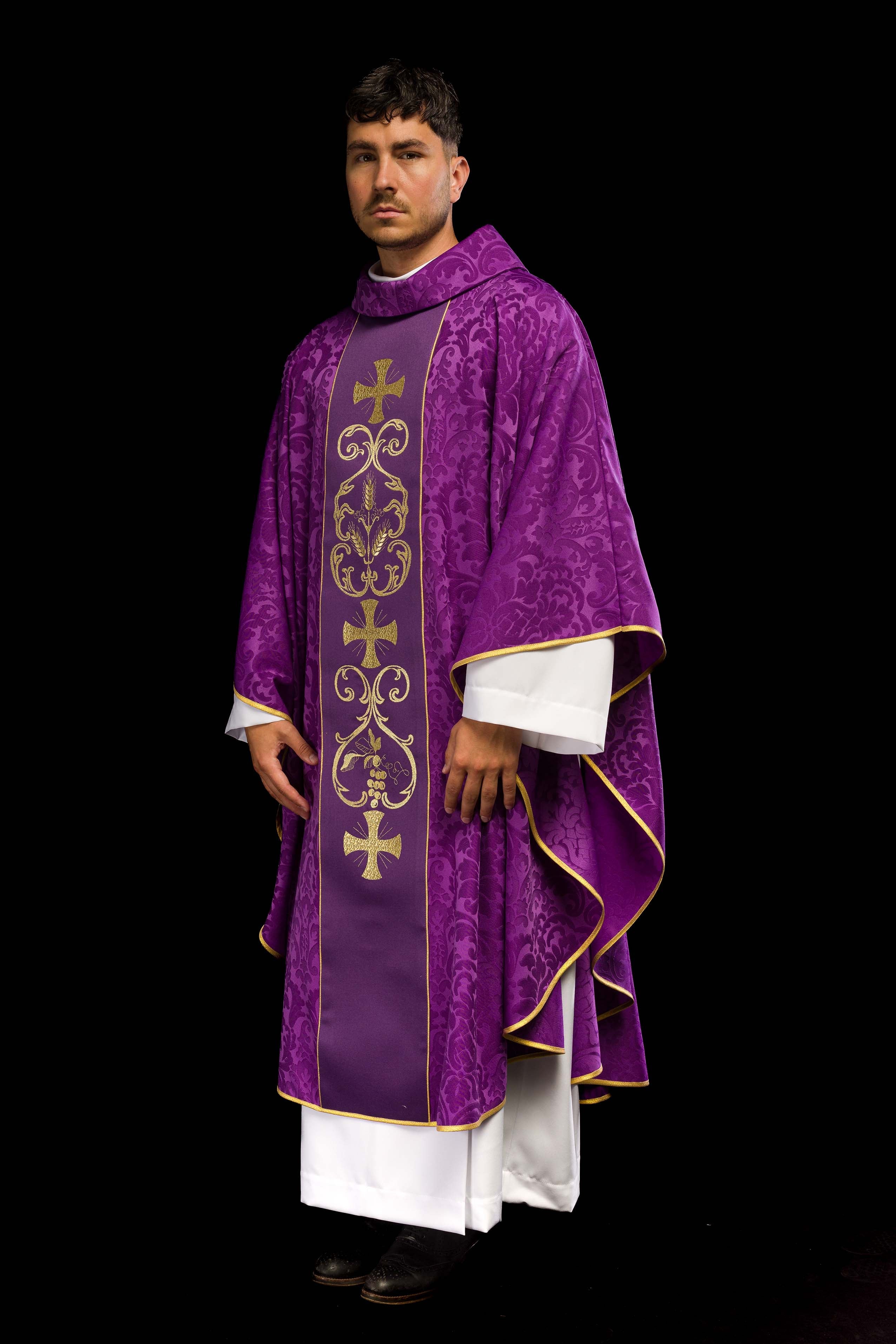 Purple liturgical chasuble decorated with embroidered belt
