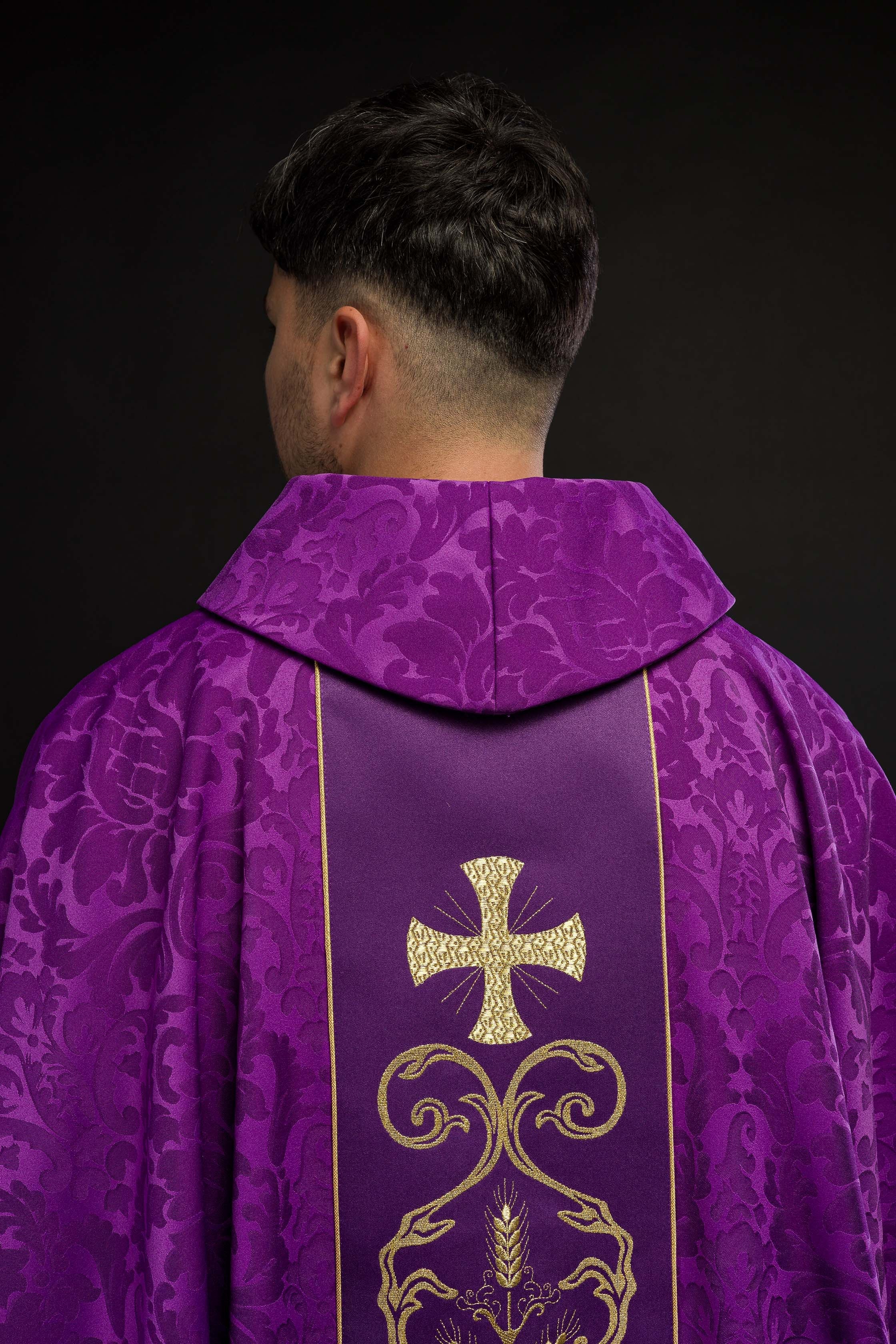 Purple liturgical chasuble decorated with embroidered belt