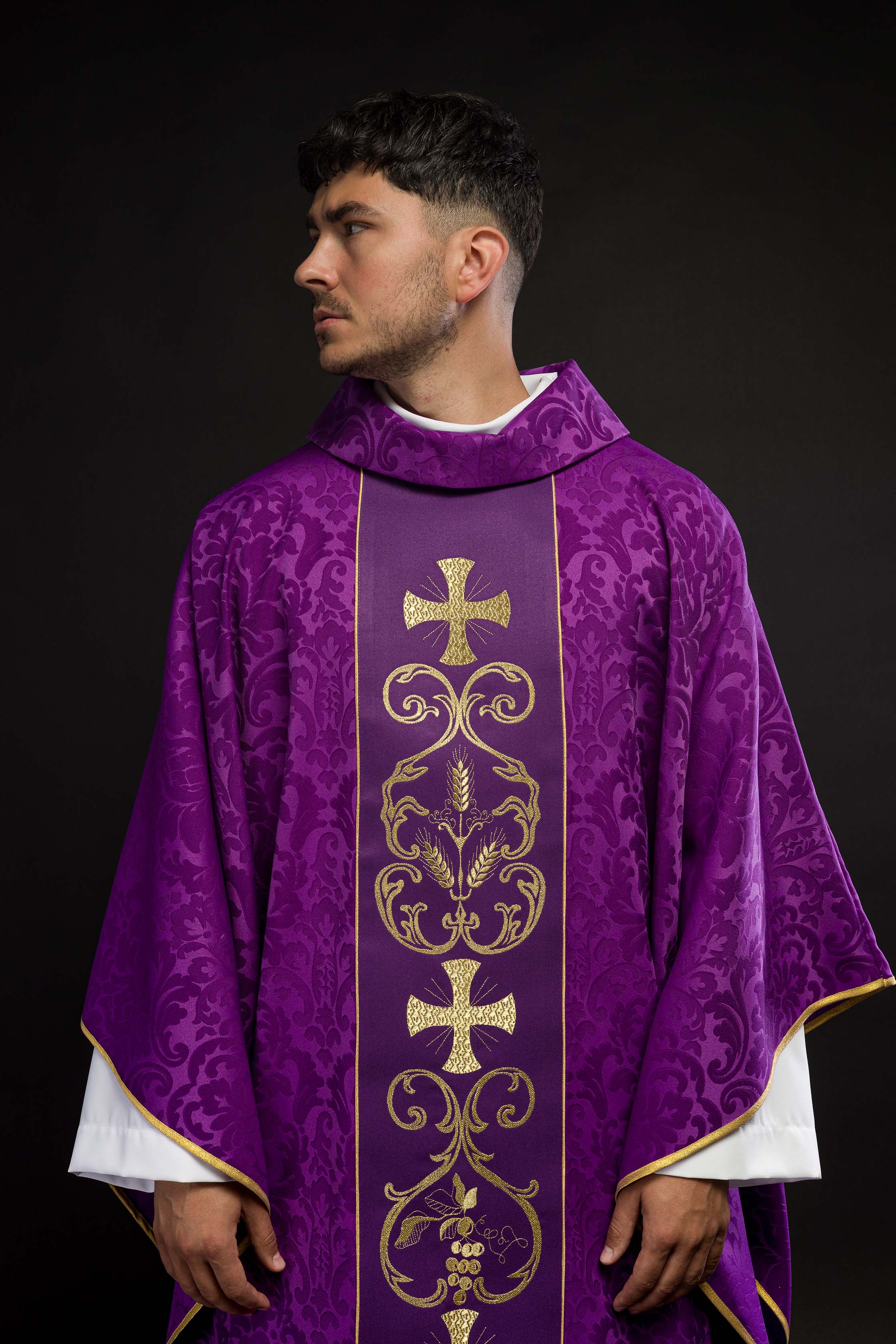 Purple liturgical chasuble decorated with embroidered belt