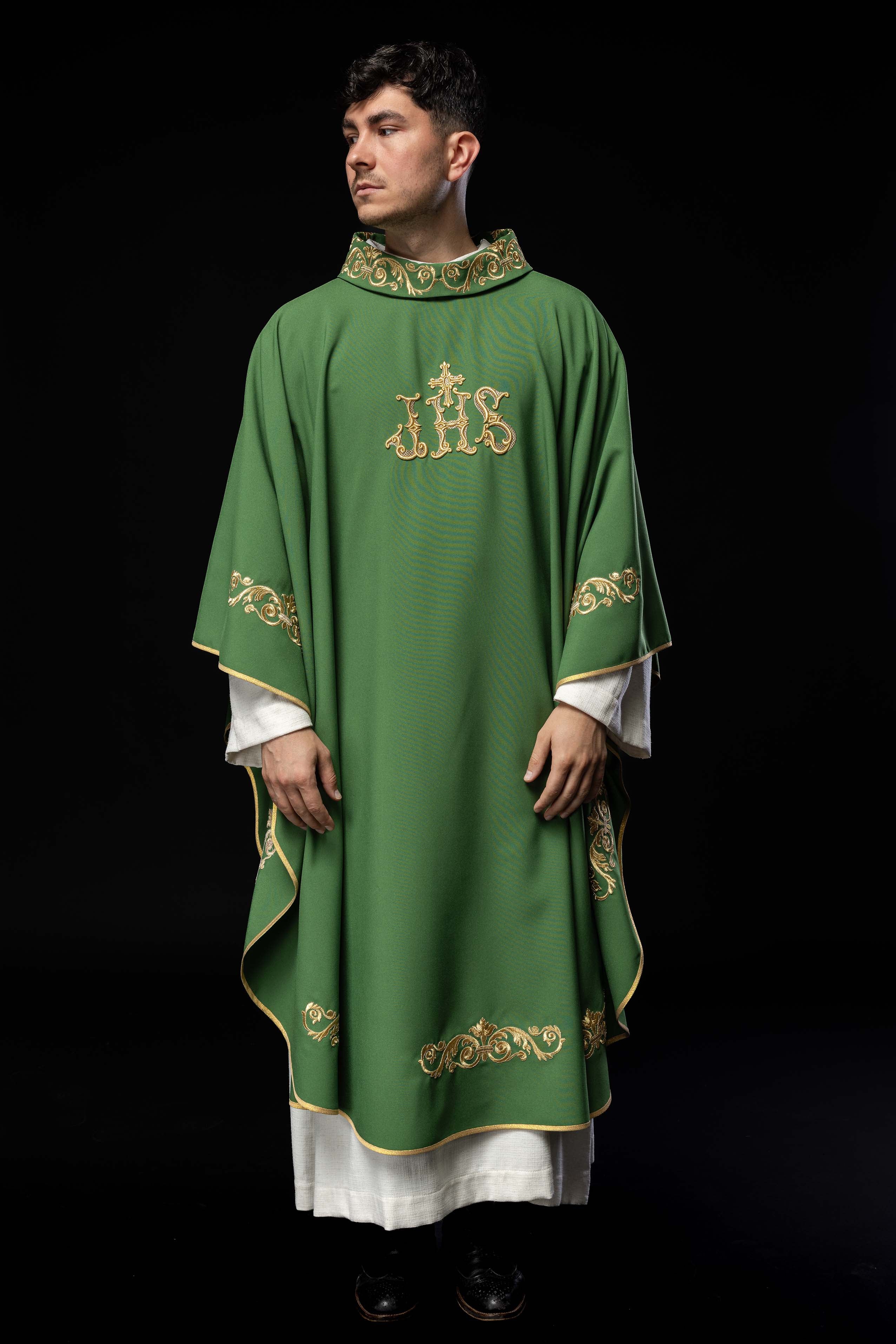 Green chasuble with gold IHS embroidery and decorative trim