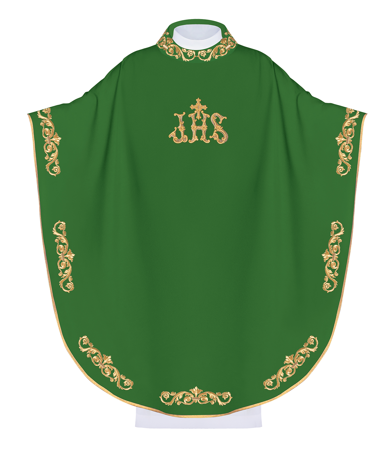 Green chasuble with gold IHS embroidery and decorative trim