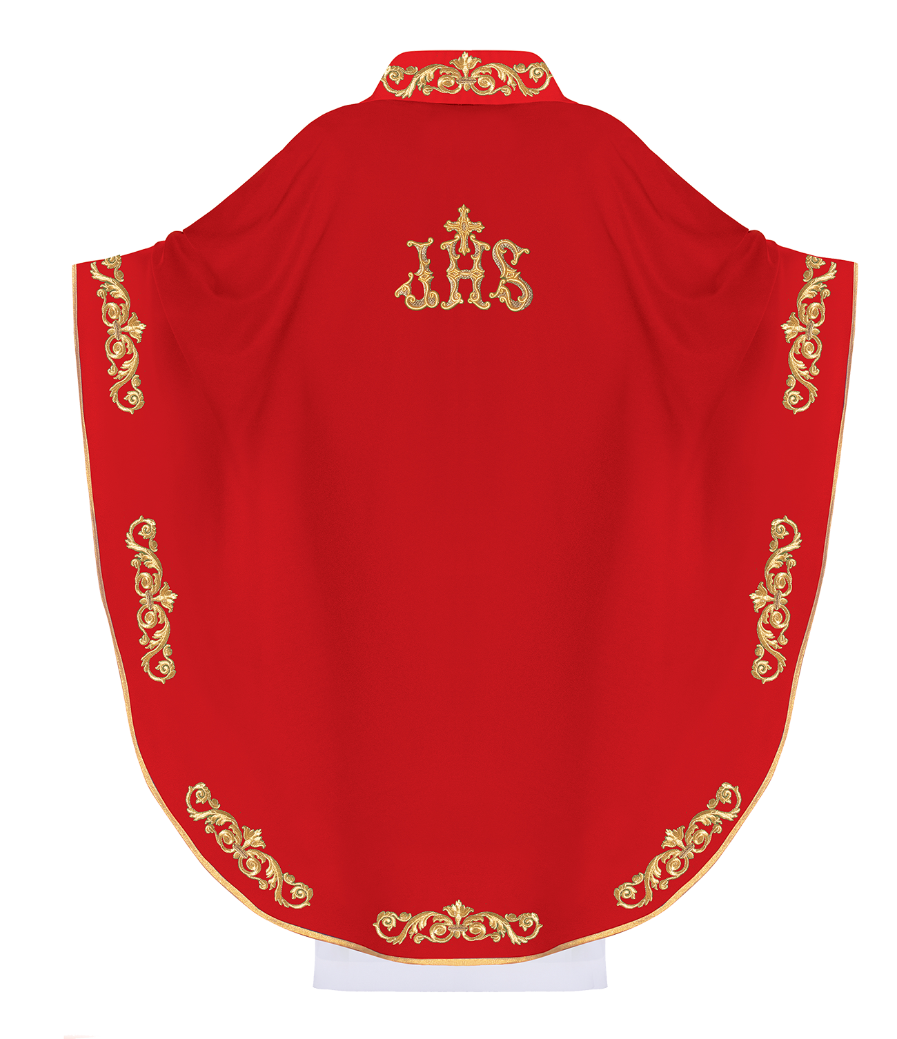 Red chasuble with gold IHS embroidery and decorative trim