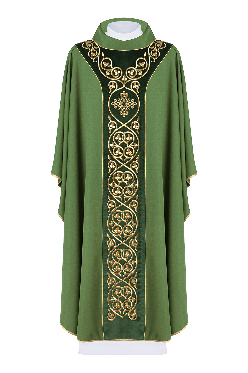 Green liturgical chasuble decorated with embroidery on velvet