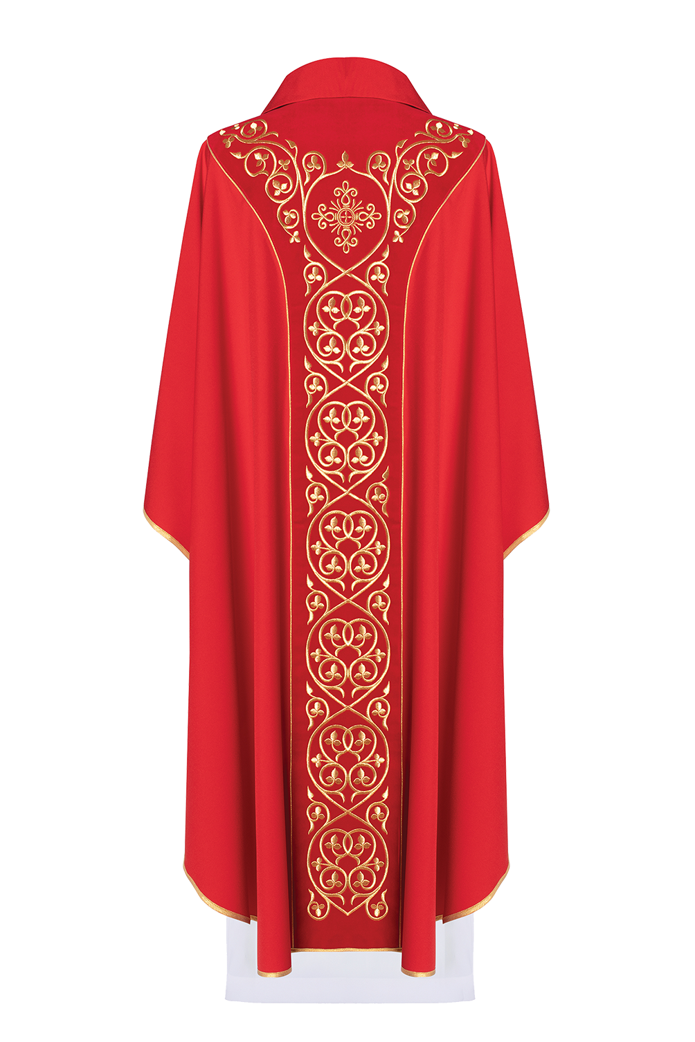 Red liturgical chasuble decorated with embroidery on velvet