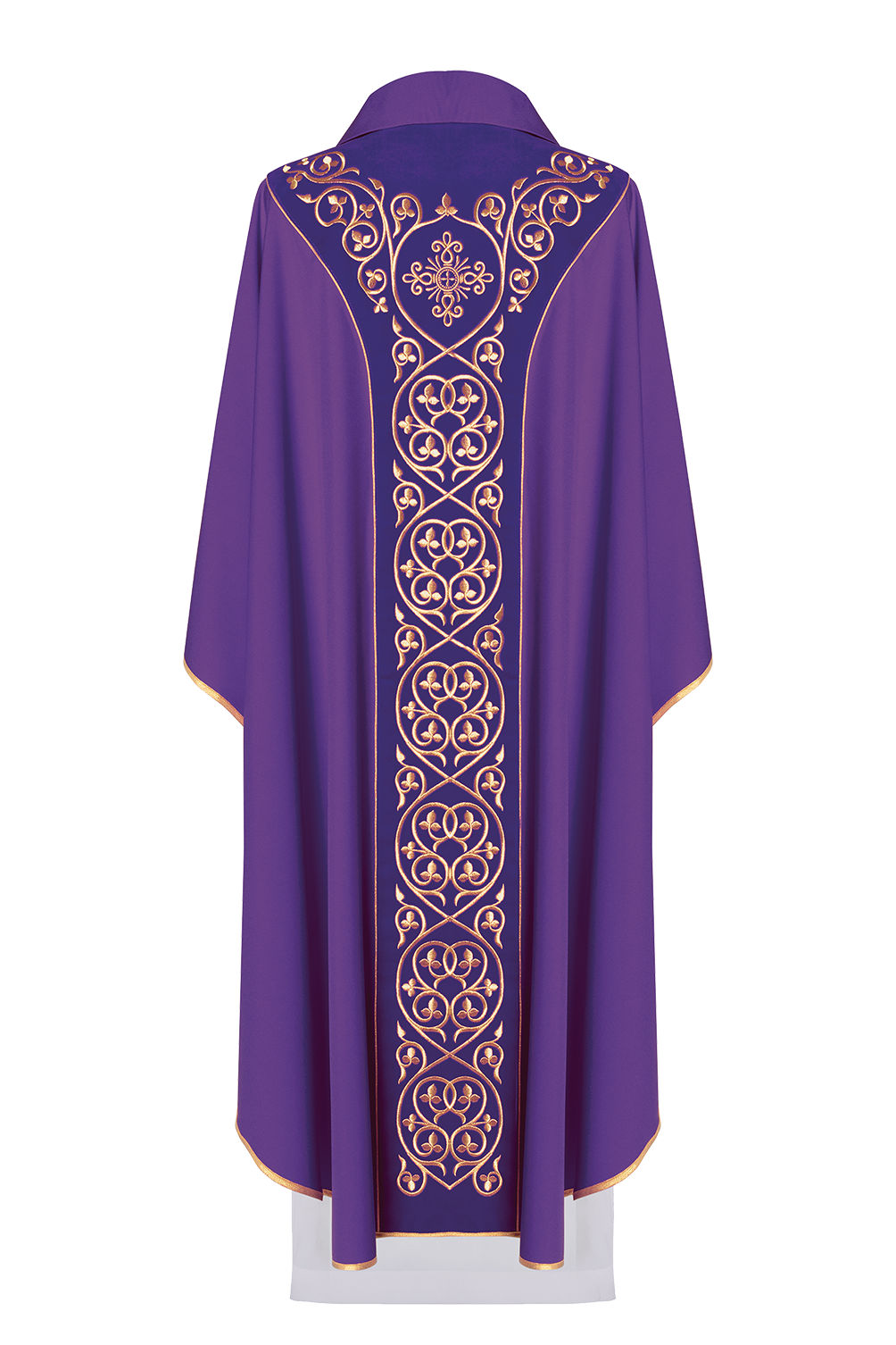 Purple liturgical chasuble decorated with embroidery on velvet