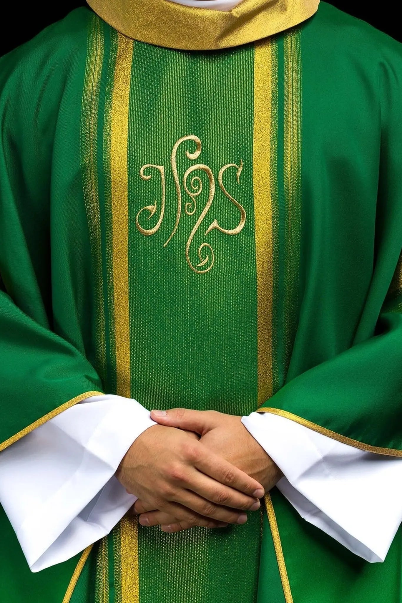 Green embroidered chasuble with IHS design with gilding