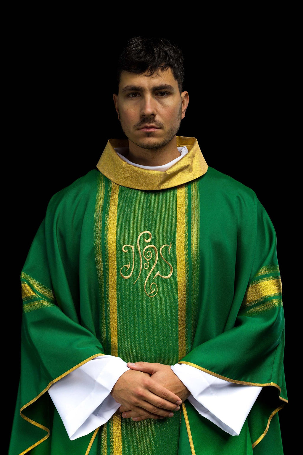 Green embroidered chasuble with IHS design with gilding