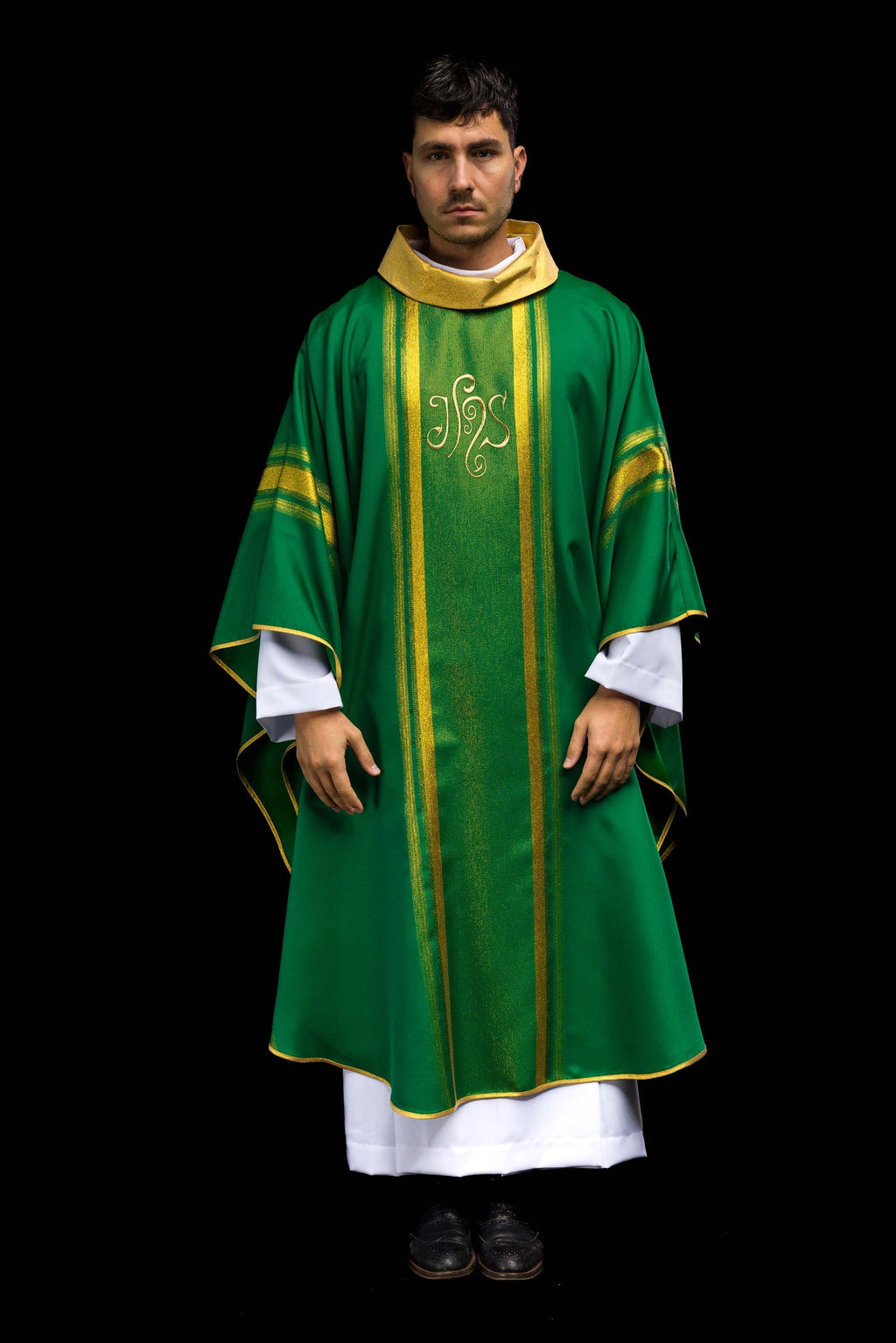 Green embroidered chasuble with IHS design with gilding