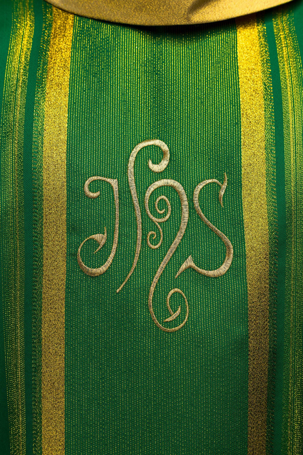 Green embroidered chasuble with IHS design with gilding
