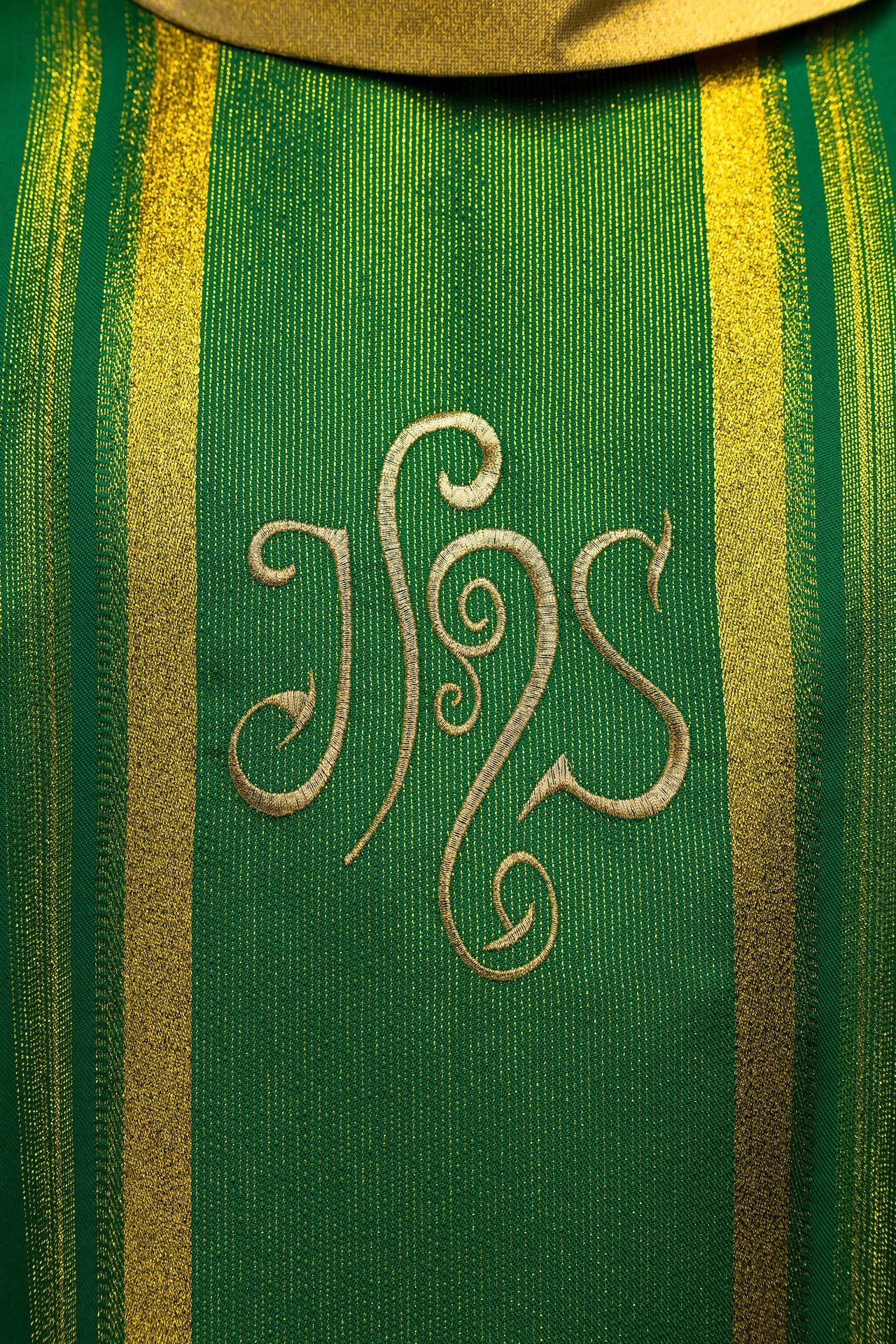 Green embroidered chasuble with IHS design with gilding